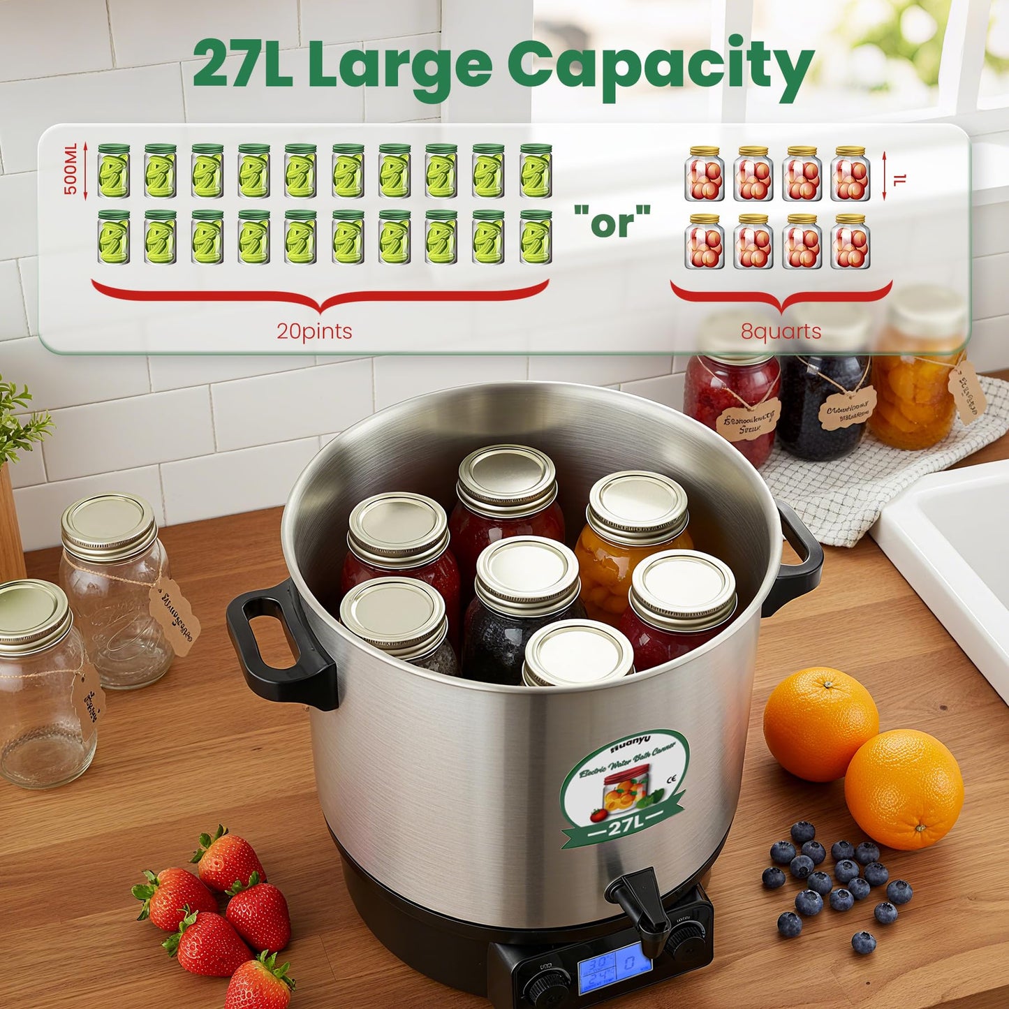 Huanyu Electric Water Bath Canner Automatic 28.5QT Canning Pot 2000w Adjustable Temp&Timer Digital Control with Drain Tap Includes Jar Lifter, Funnel for Preserving Canned Food, Jam, Sauce, Soup
