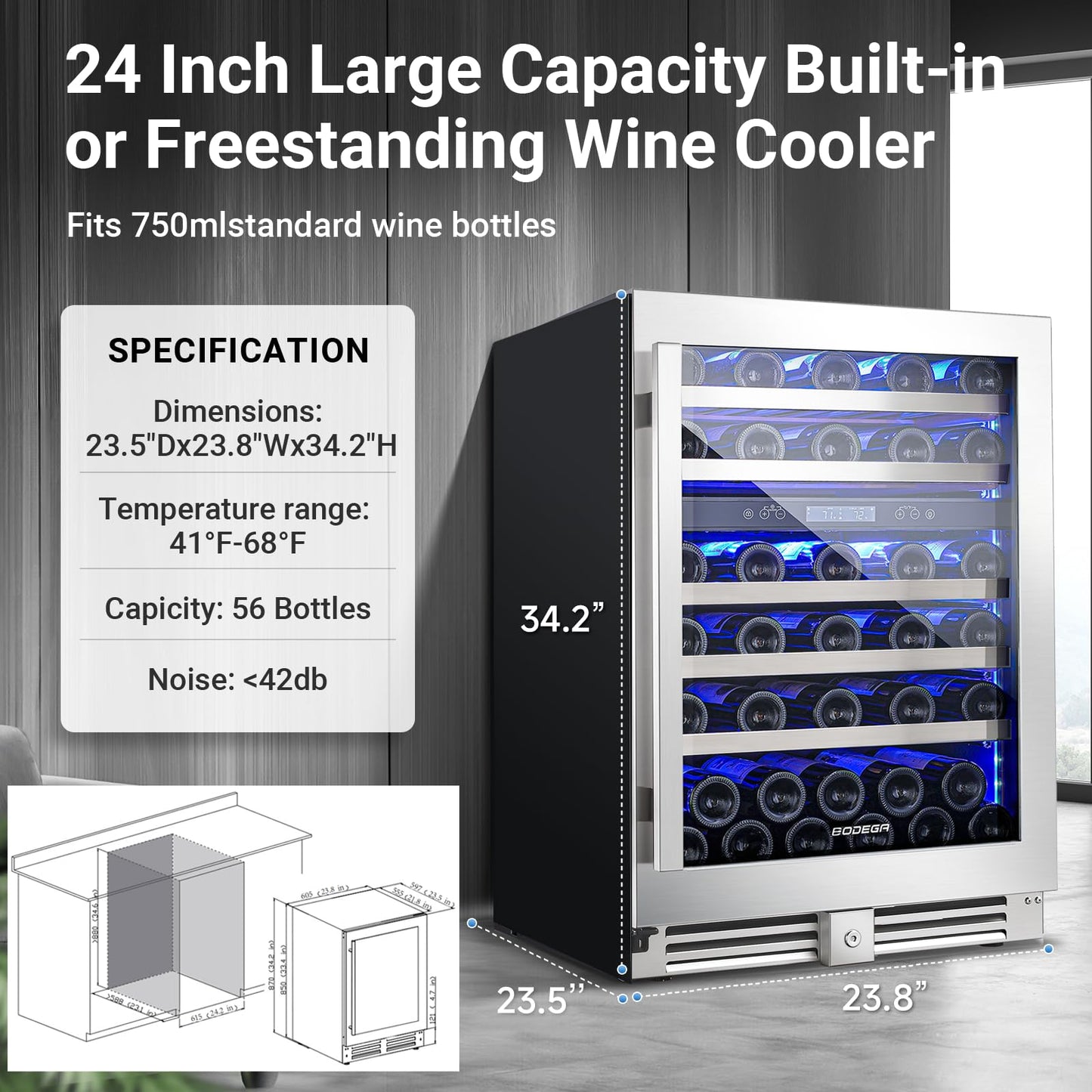 BODEGA 24 Inch Dual Zone Wine Cooler, 56 Bottle Wine Refrigerator, Built-In or Freestanding Wine Fridge, Fast & Quiet Cooling for Red, White, Sparkling Wines.