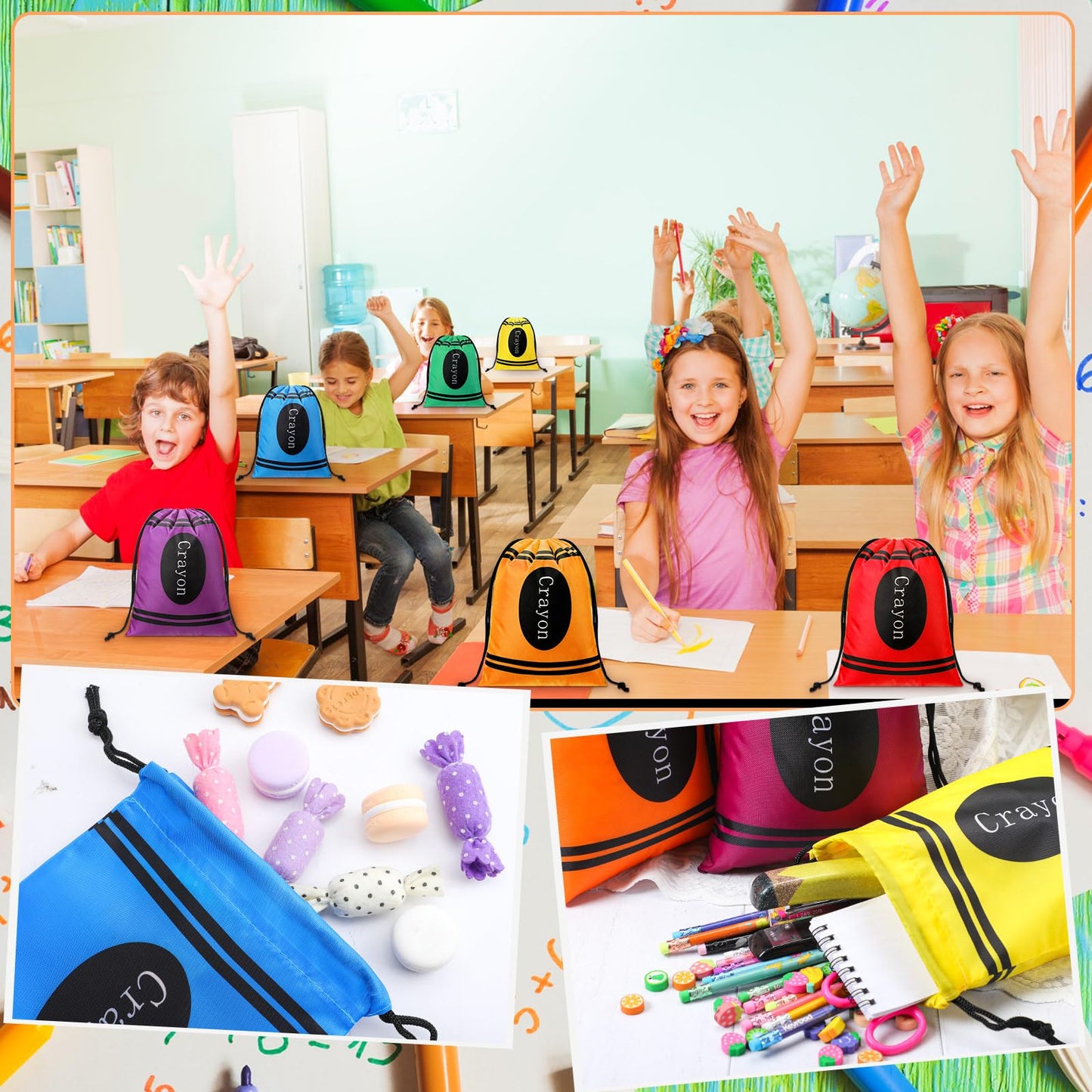 24 Pcs Graduation Gift Bag 10 x 7 Inch Crayon Drawstring Backpack Teacher Appreciation Week Favor Bulk Preschool Graduation Goodie Bag Kindergarten Birthday Supply Back to School Party Decoration