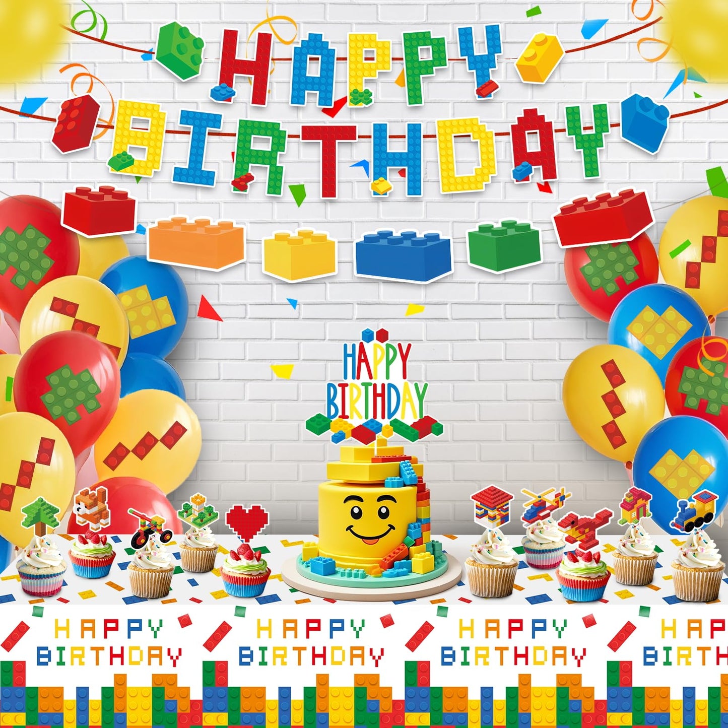 Building Block Birthday Party Decorations Supplies Kit - Balloons Tablecloth Banners Cake Toppers Foil Balloons Tattoo Stickers - Birthday Decorations for Kids Boys Girls Building-Themed Celebration