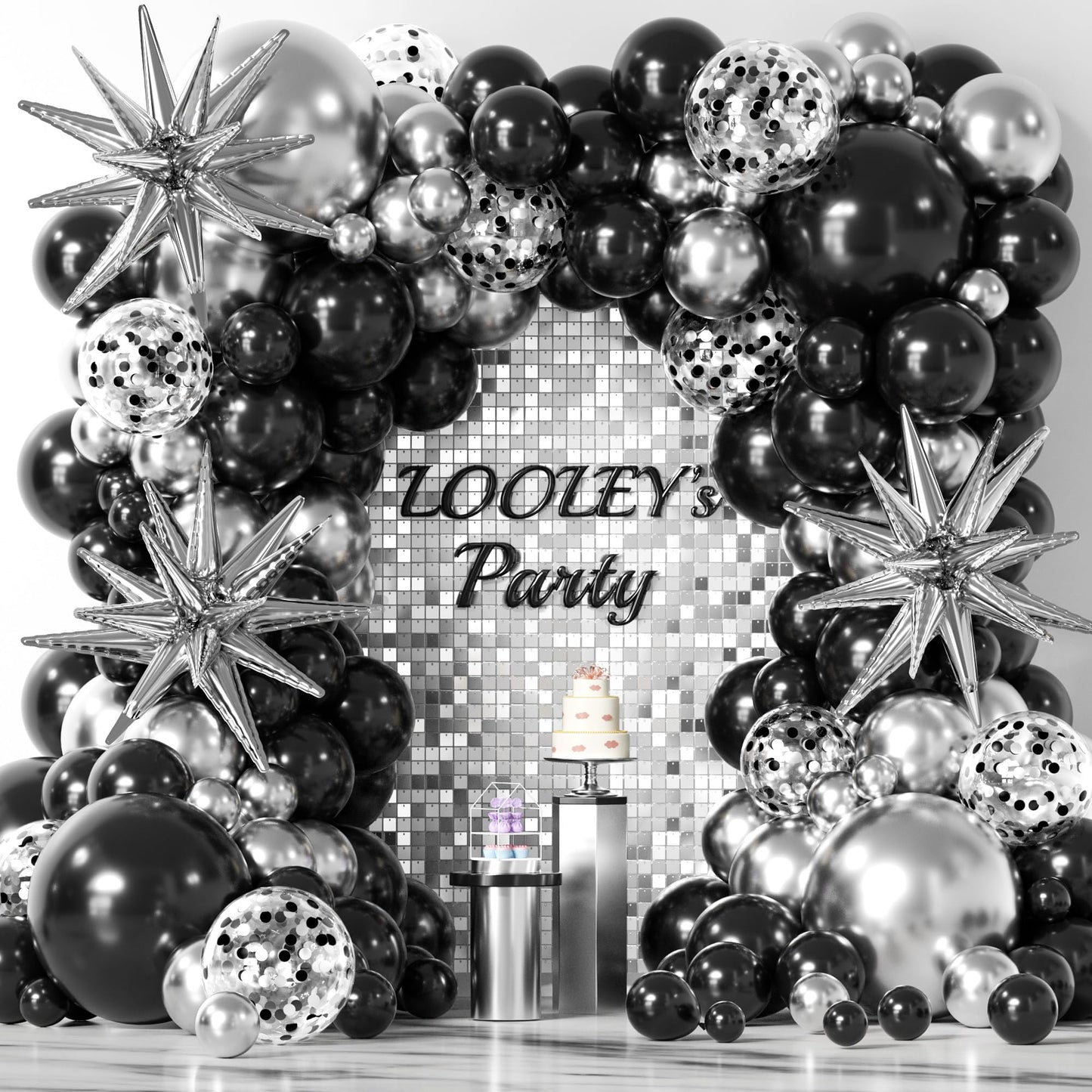 137Pcs Black and Silver Balloons Garland Arch Kit with Stars - 5 10 12 18 inch Black Silver Confetti Latex Party Balloons for 2025 Graduation Retirement Birthday Anniversary