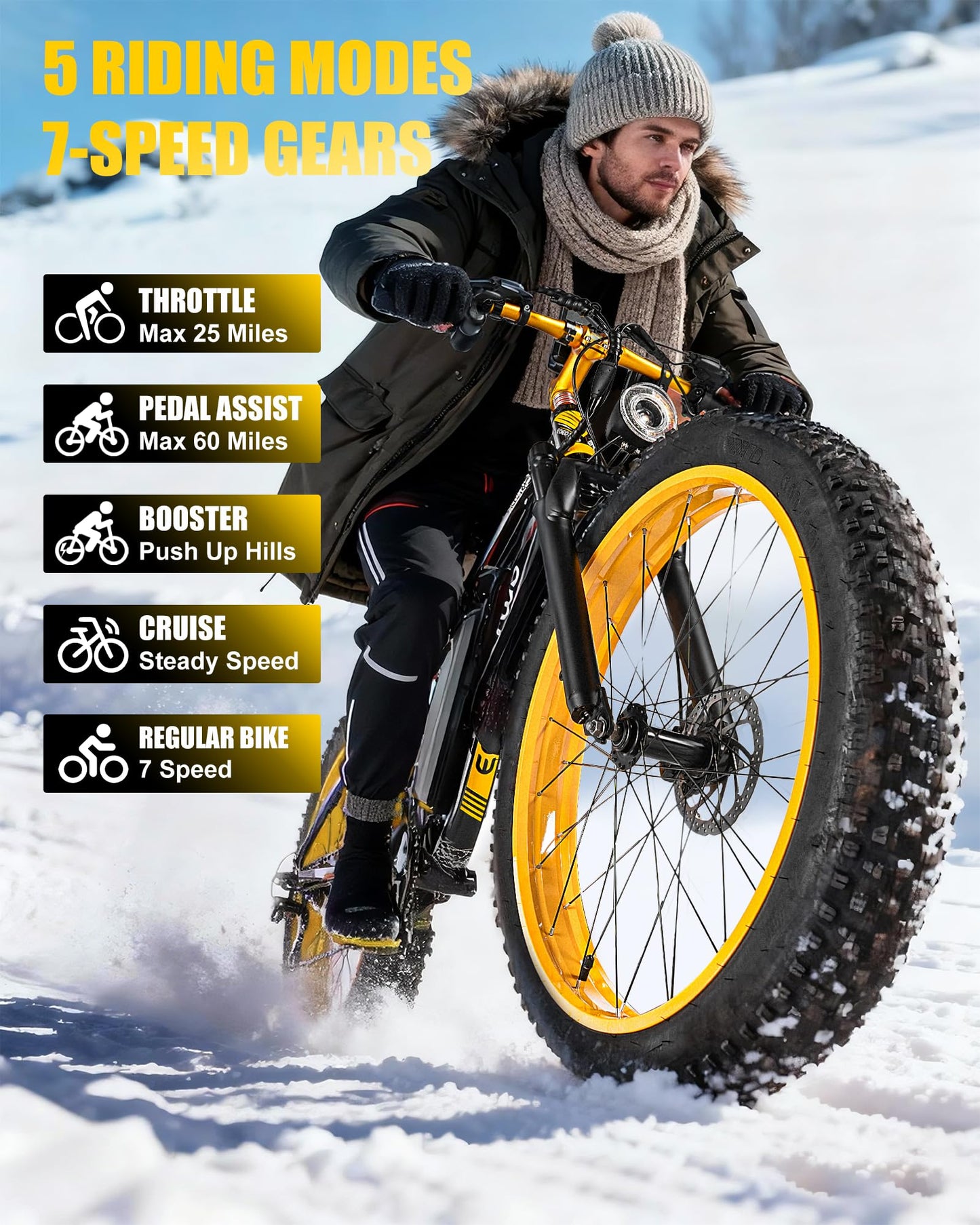 EOEOTWO Electric Bike for Adults,1500W Peak Motor E Bikes, 26" Fat Tire Electric Bicycle, 30/33 MPH 60/70 Miles All Terrain E Bikes E Bike, Removable Battery, Dual Brake, 7 Speed, Yellow 