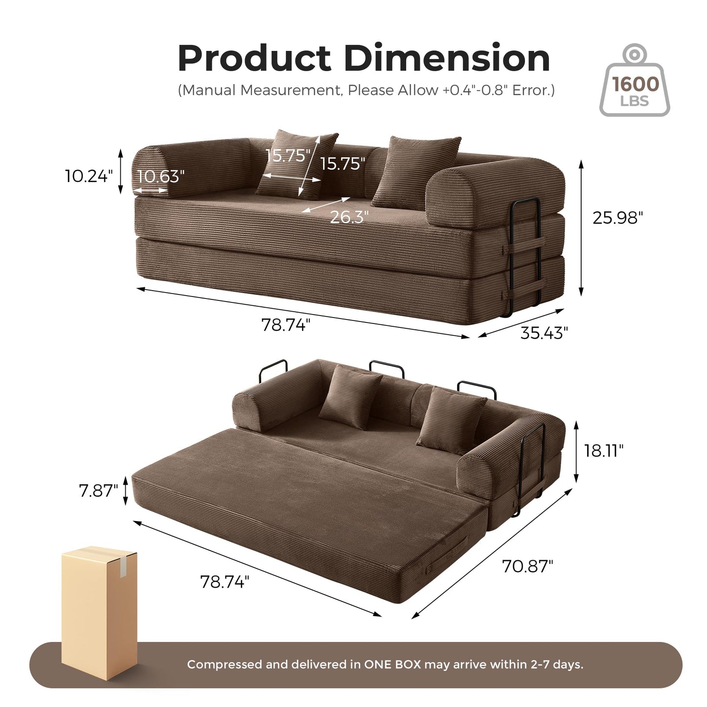Bsxupke 5-in-1 Convertible Sofa Bed | 79" Fixed Frame with High-Resilience Memory Foam, Easy Setup | Durable Corduroy Converts to Full Bed, Great for Family Living Room (Brown)