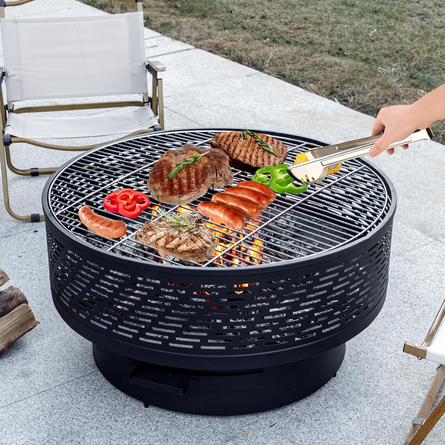 OutVue 32" Wood Burning Fire Pits with Grill & Lid, Fire Pit Table for Outside with Waterproof Cover & Fire Poker, Outdoor Firepit with Functions for BBQ,Table and Bonfire
