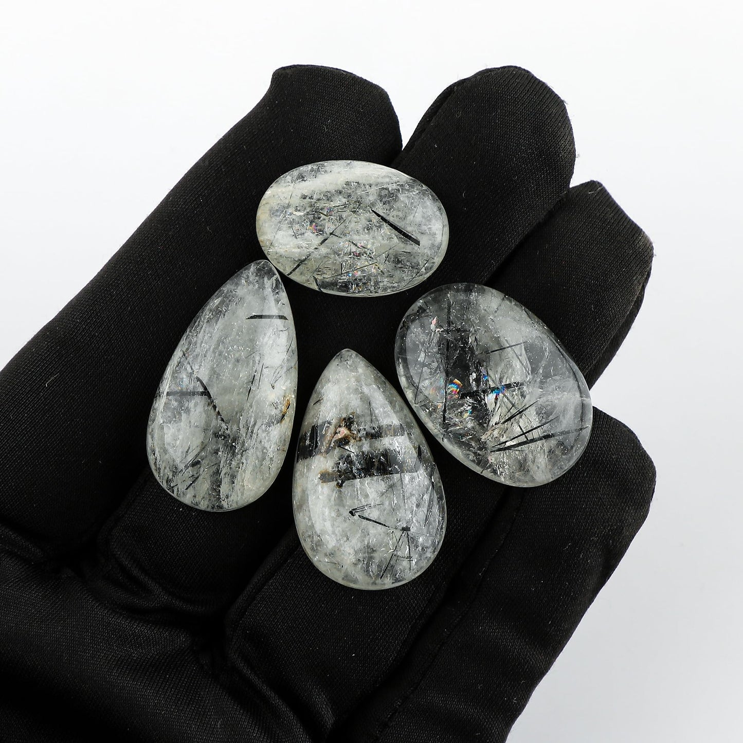 CRYSTALIS Wholesale 4pcs Natural Green Rutile Quartz Loose Gemstone Bulk Cabochons Jewelry Making Supply, Chakra & Healing Polished Stones, Wire Wrapping, DIY, Gem Collection