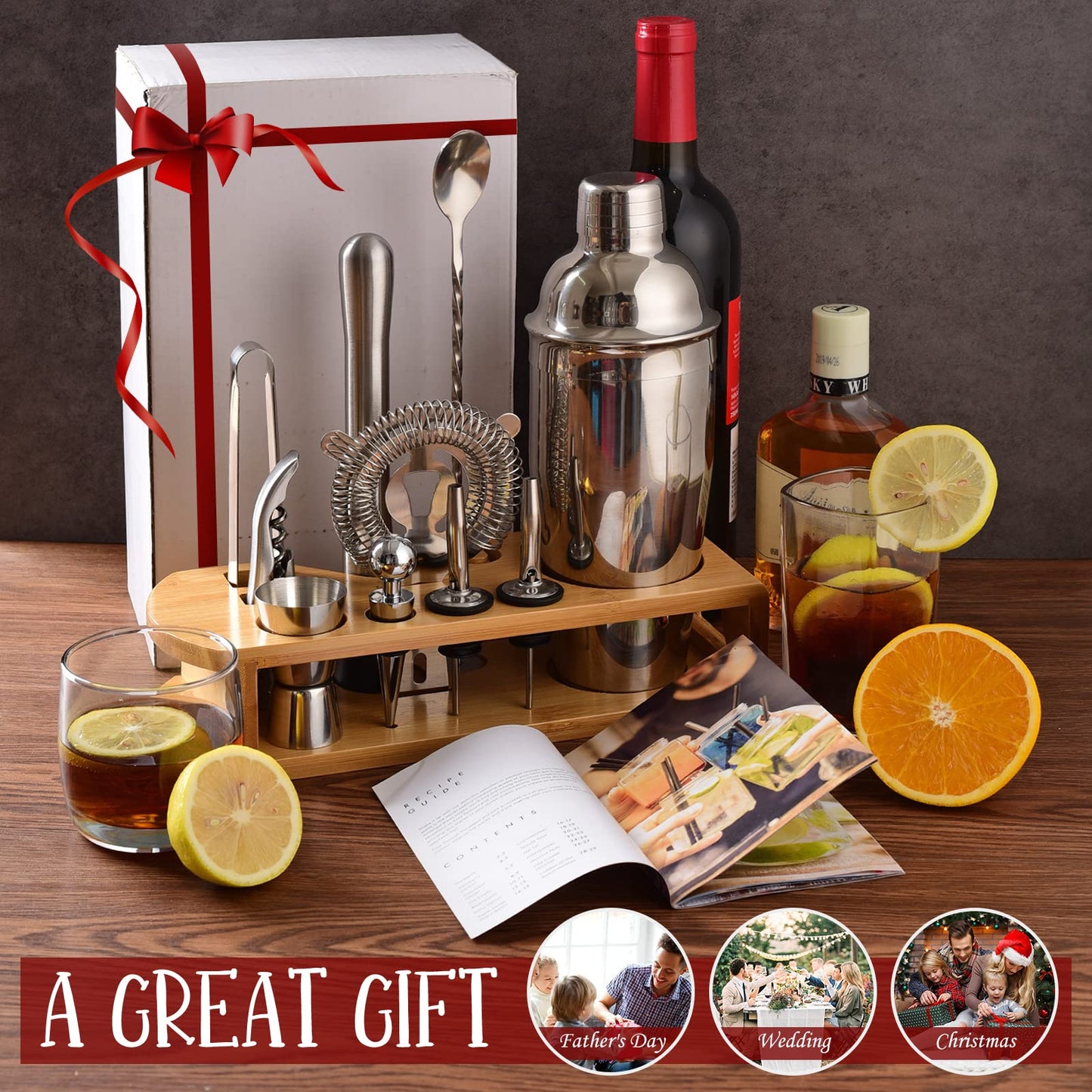 Cocktail Shaker Set Bartender Kit : 12-Piece Bar Tool Set with Bamboo Stand | Bars Set with All Practical Bar Accessories, for Drink Mixing, Bar, Home, Lounge & Party (Silver)