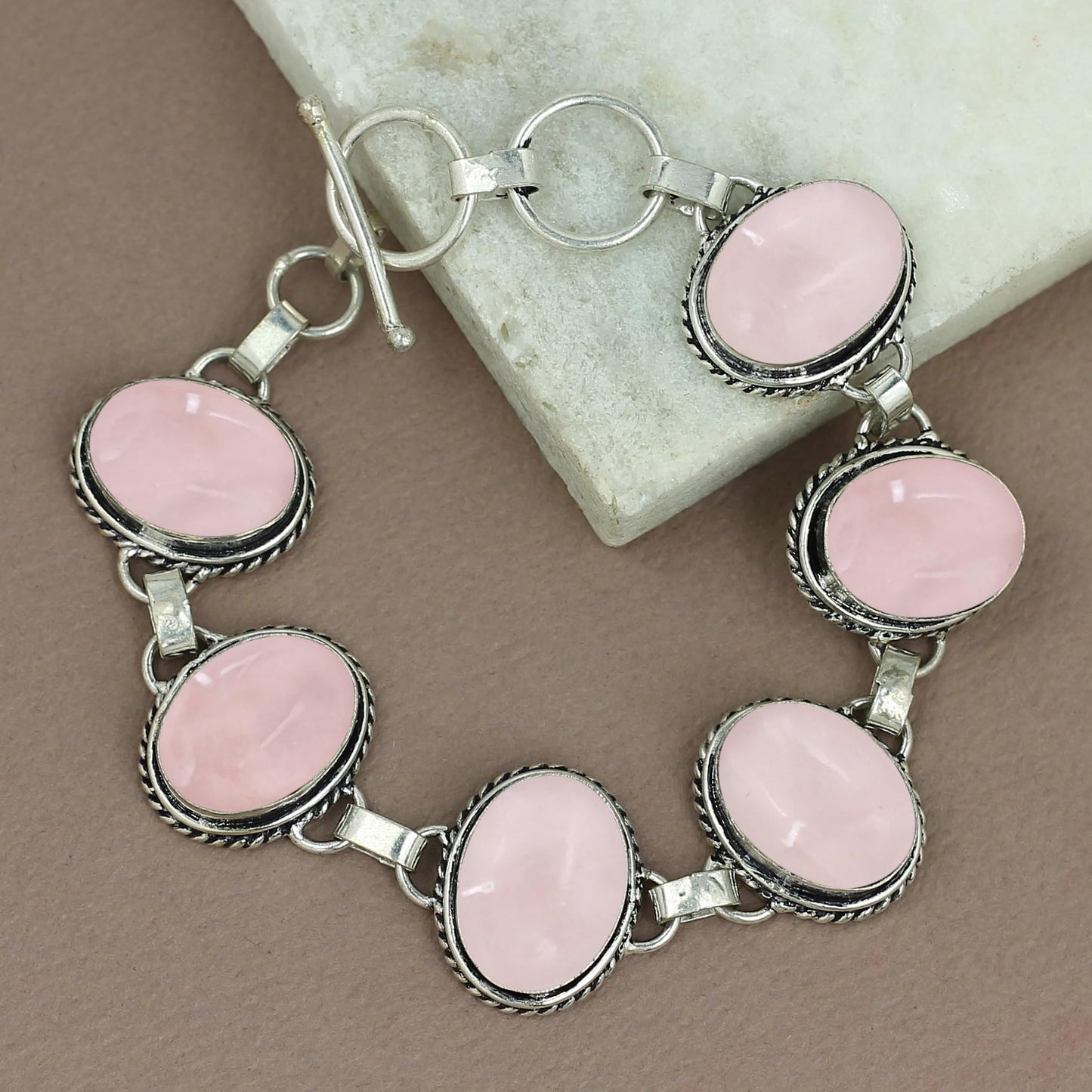 Natural Rose Quartz Silver Plated Handmade Link Bracelet for Women - Pink Color Oval Shape Gemstones January Birthstone Statement Adjustable Bracelet - Valentine Day Gifts for Her