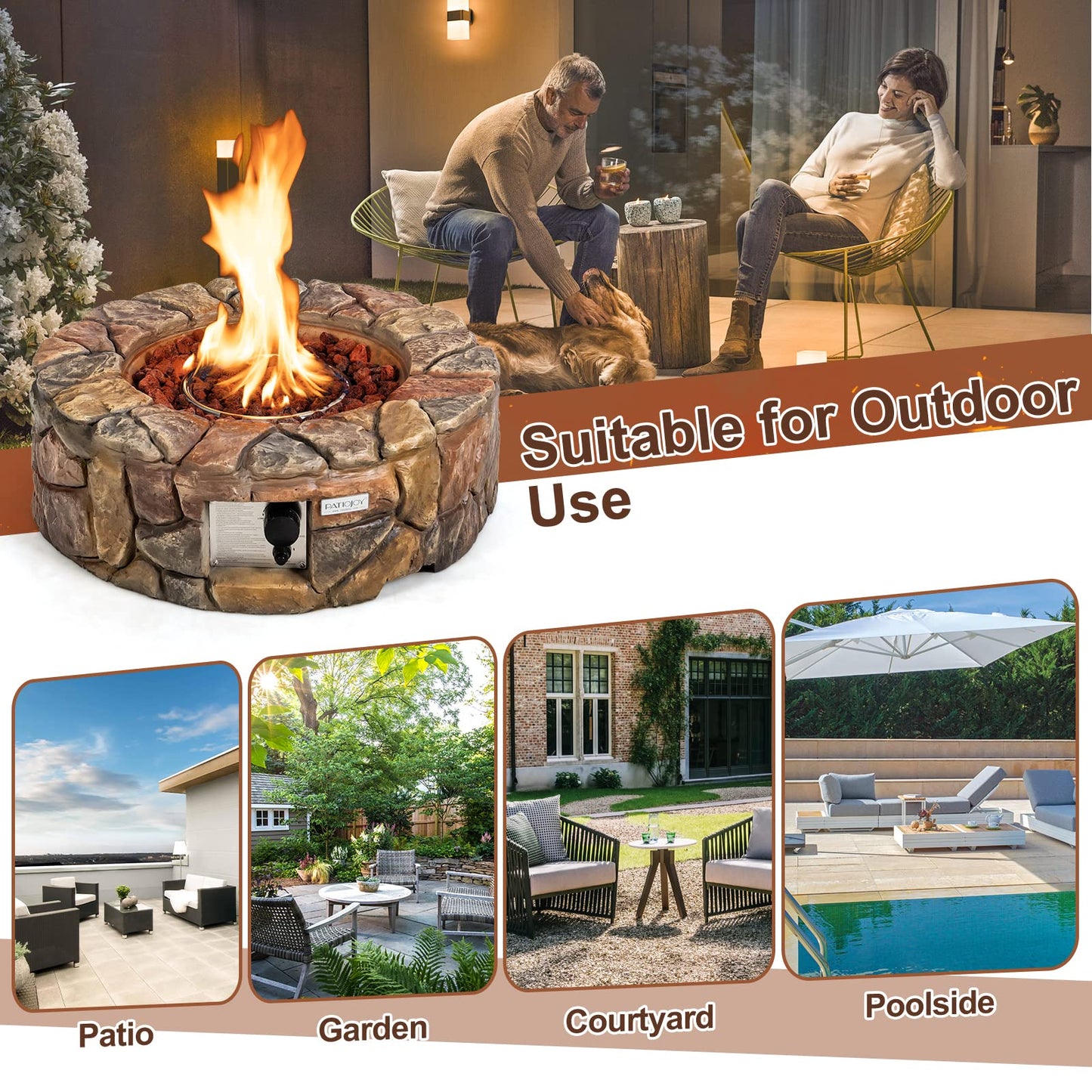 Tangkula 28 Inch Round Propane Gas Fire Pit, Patiojoy 40,000 BTU Stone Look Outdoor Propane Fire Pit with Lava Rocks & PVC Cover, Faux Stone Gas Fire Pit Table for Patio, Courtyard, Garden (Brown)