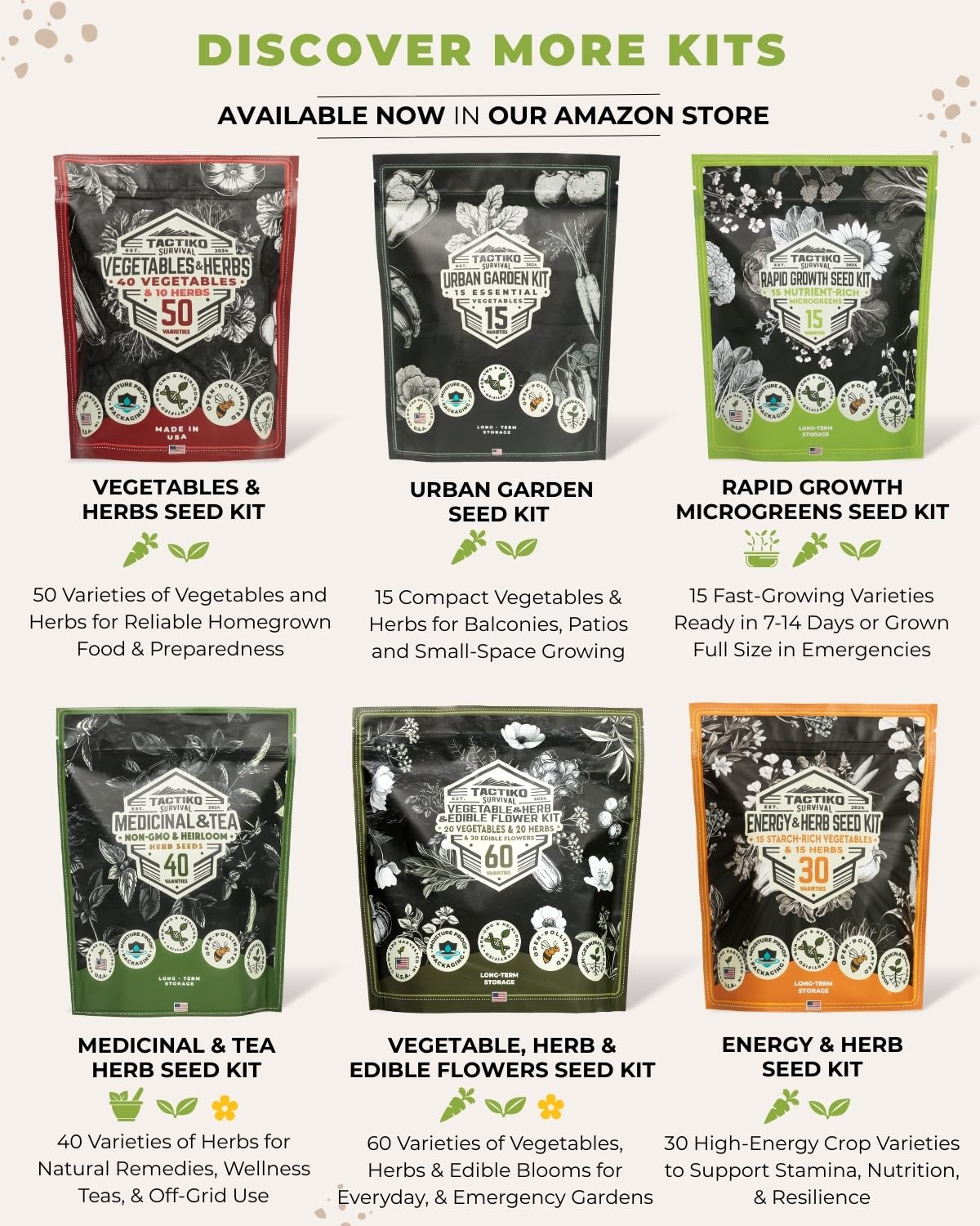 35 Tactiko Edible Flower & Herb Seeds Kit Variety - USA Grown Heirloom Non-GMO Open-Pollinated Seeds for Planting - Indoor Outdoor Gardening - Survival Long-Term Storage - Resealable Mylar Bag