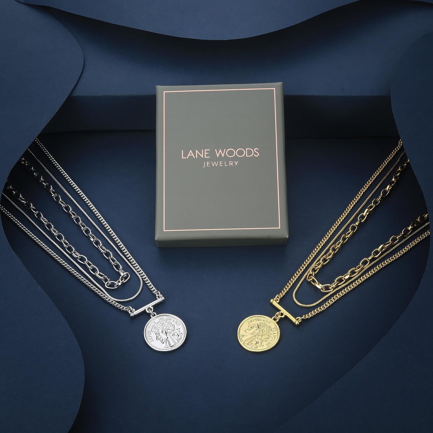 LANE WOODS Gold Plated Necklaces for Women - Multilayer Coin Medallion Pendant Necklace Adjustable Layering Choker Necklaces Chain Set Jewelry(Coin Medallion-Silver)