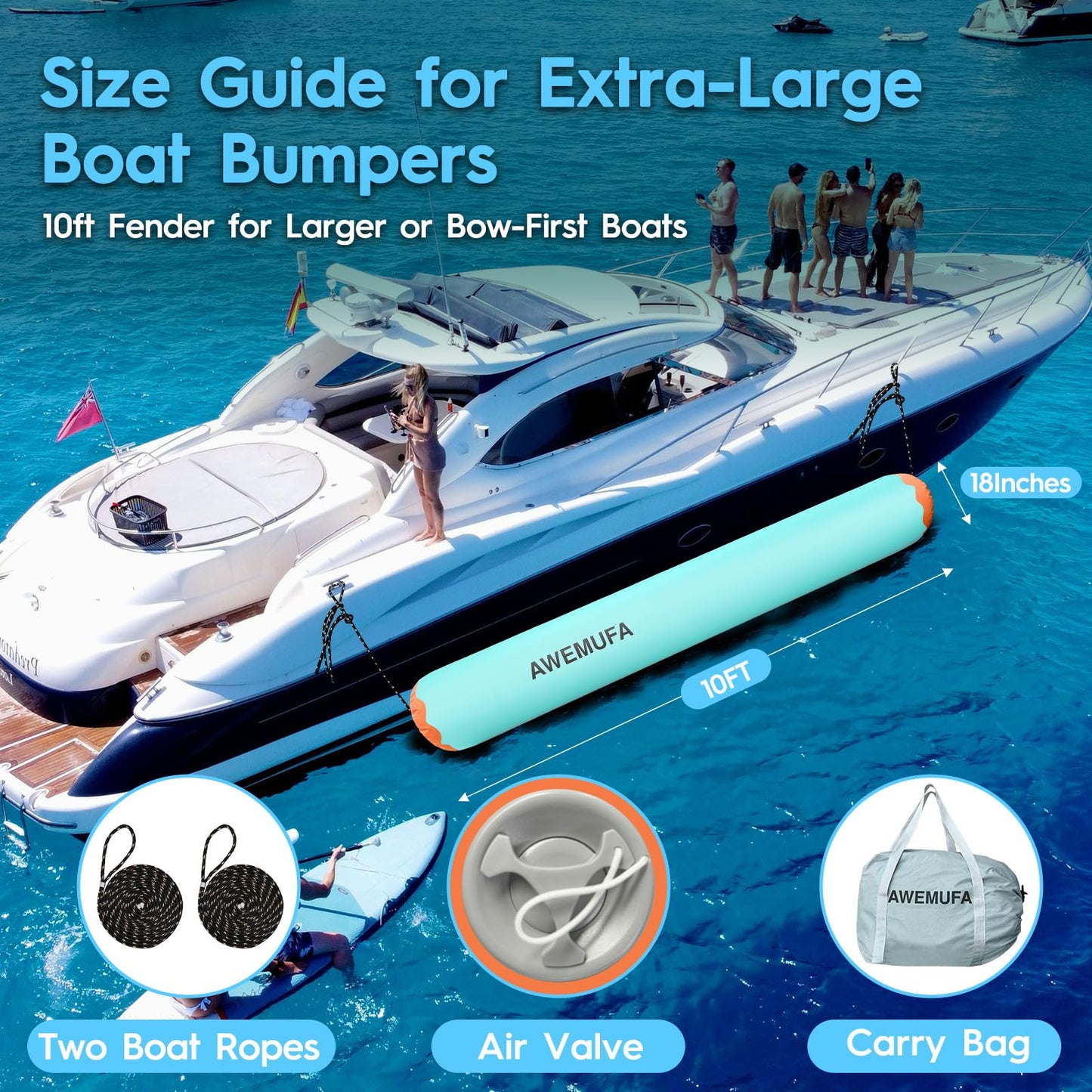 AWEMUFA 10ft Inflatable Boat Fender for Docking Heavy Duty, Large Boat Bumper for Docking, Inflatable Boat Dock Bumper Inflatable Fender for Pontoon Boat, Fishing Boat, Small Yacht(NO Pump)