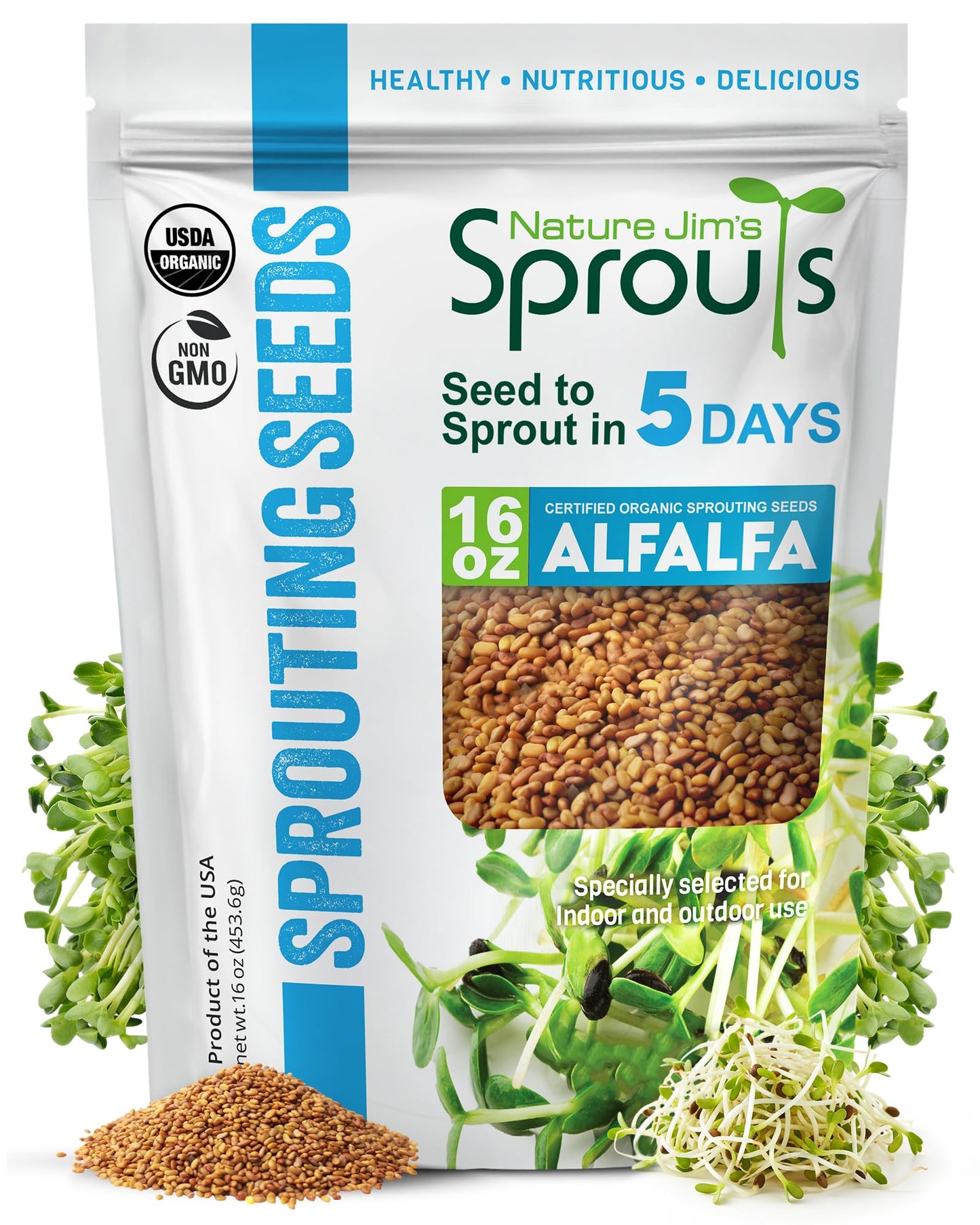Nature Jims Sprouts Alfalfa Seeds â Non-GMO Organic Sprout for Growing & Planting â Premium Resealable Bag for Fresh Homegrown Sprouting Seeds â Rich in Nutrients, Vitamins, Fiber & Minerals â 16oz