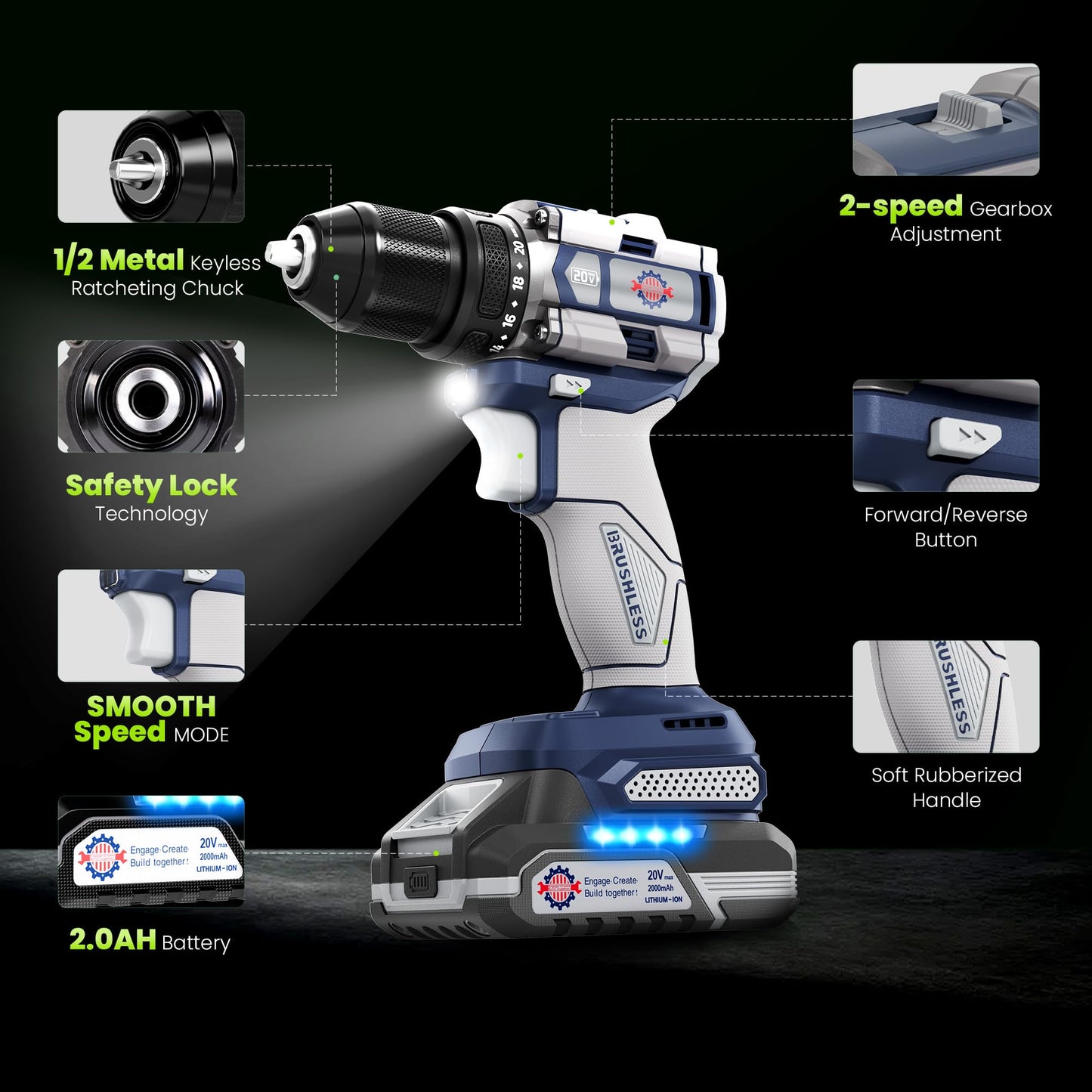 20V Cordless Drill Driver, Electric Power Brushless Drill 60N.m with 1/2" Metal Keyless Chuck, 20+1 Torque 2 Speed, LED Light, Tool bags, Battery & Charger for Furniture, Home DIY,Beginner, Repairing