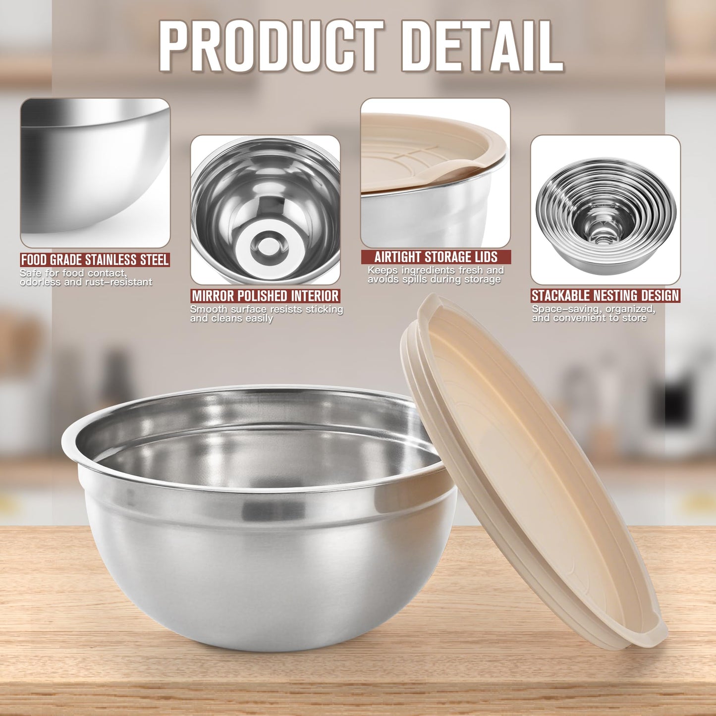 28PCS Mixing Bowls with Airtight Lids Set, Stainless Steel Nesting Prep Bowls with 7 Measuring Cups & 14 Measuring Spoons for Cooking, Baking, Serving, Food Storage, Size 5.5/3.5/2.5/2/1.4/1/0.62QT