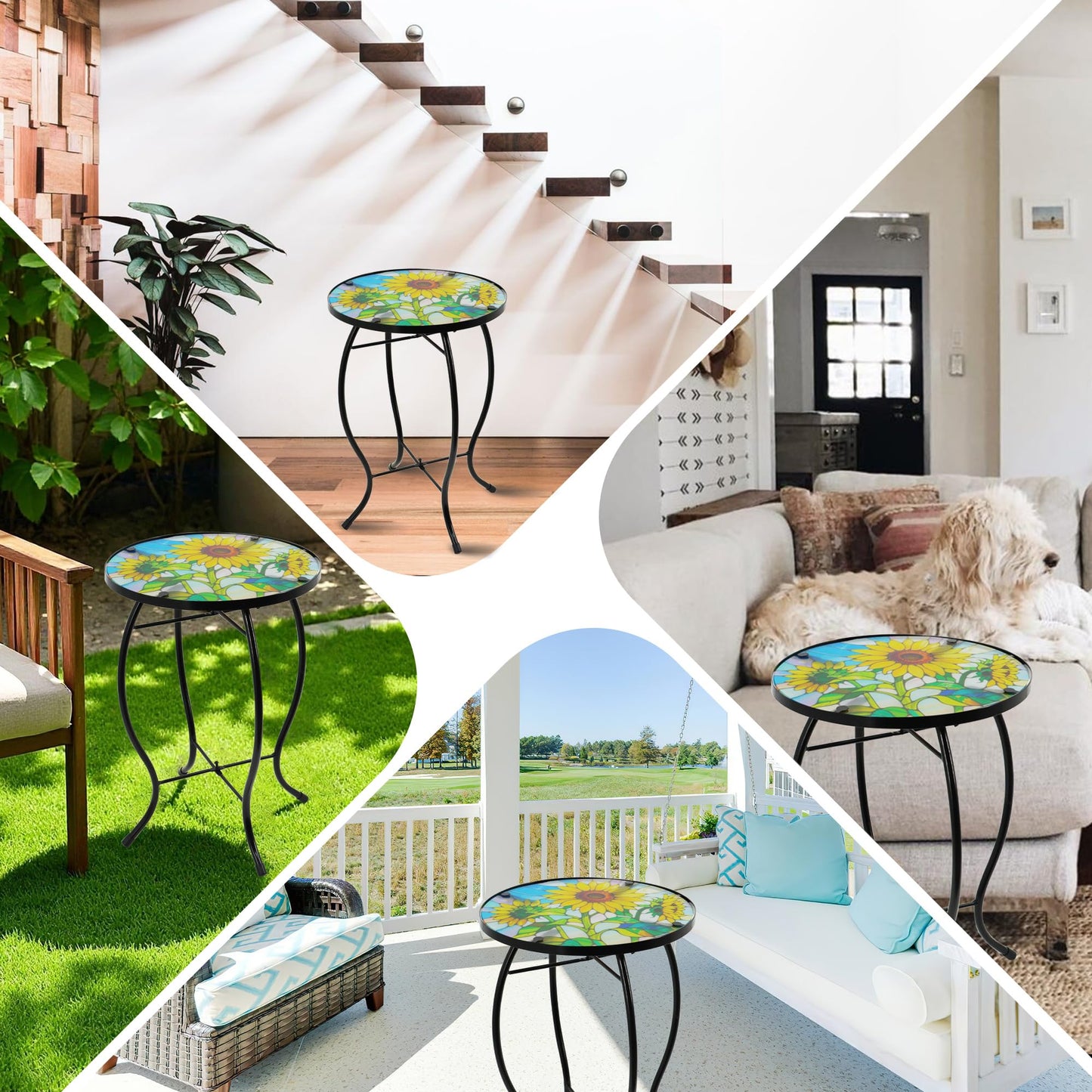 Voumsil Small Side Table with Metal Frame, 10.5" Round Side Tables with Sunflower Pattern,Outdoor Table for Balcony,Terrace,Garden,Living Room