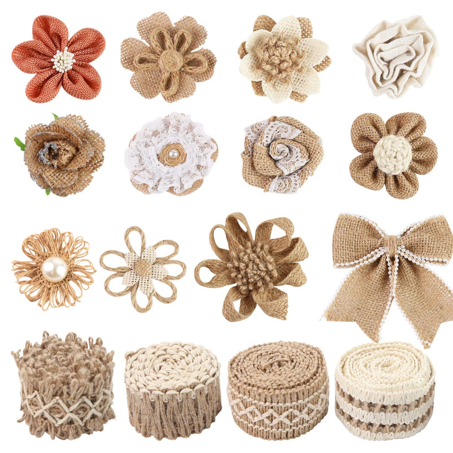 VGOODALL 16 PCS Natural Burlap Flowers Set, Including 12 PCS Handmade Lace Burlap Flowers and Bowknots, 4 Rolls Burlap Ribbon for Christmas Birthday Party Wedding Home Embellishment DIY Crafts