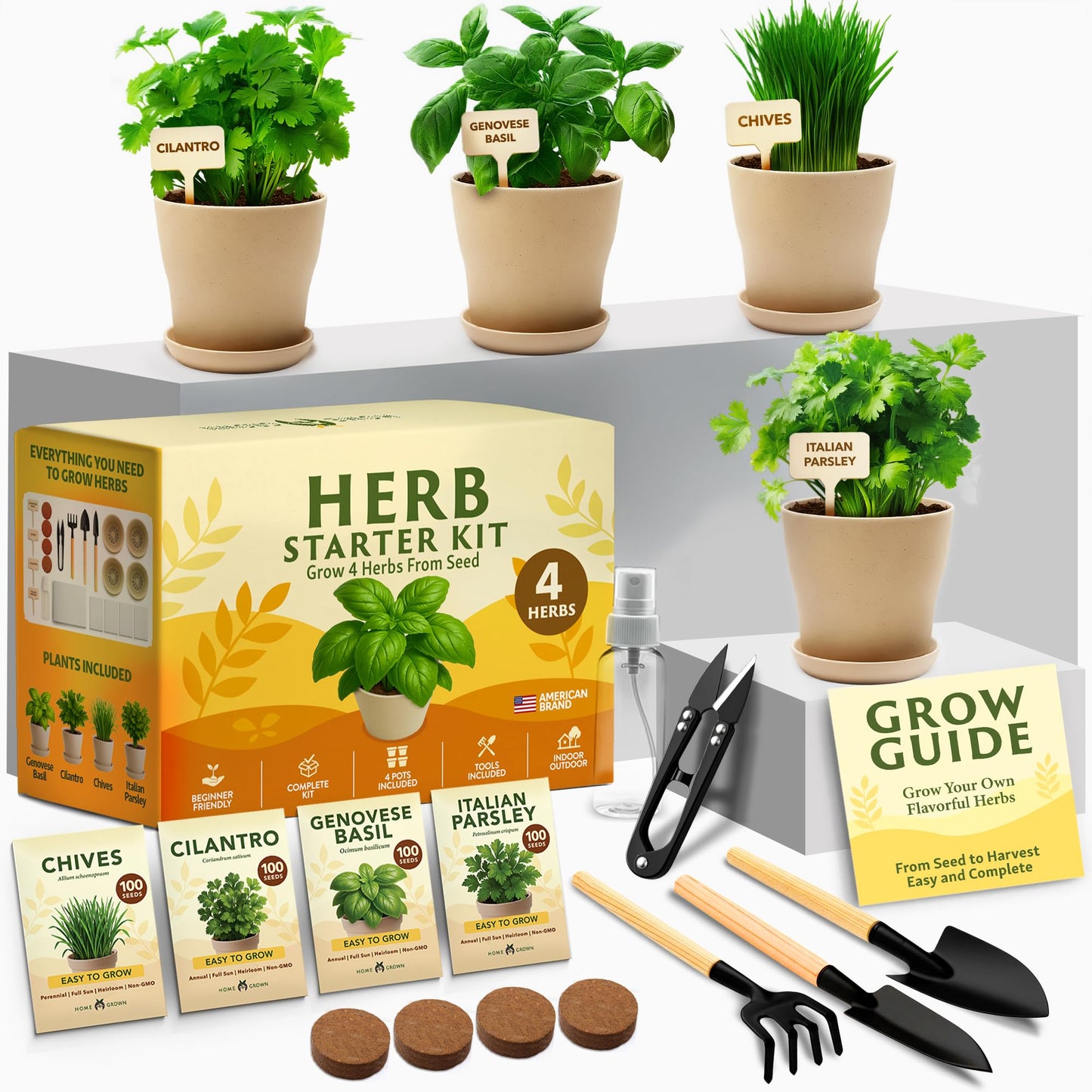 HOME GROWN Herb Garden Planter Indoor Kit â Unique Christmas Gift for Adults, Men, & Women - Grow 4 Heirloom Herb Seeds on Kitchen Window â Beginner DIY Craft & Hobby Gardening Gift for Plant Lovers