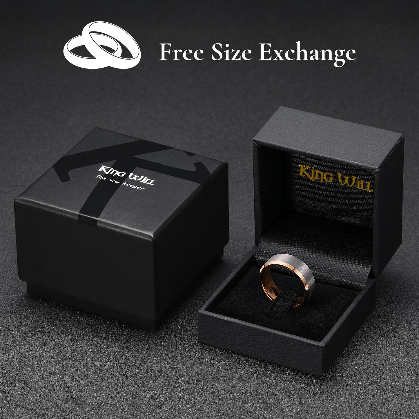 King Will 8mm Classic Tungsten Rings for Men Two-Tone Mens Wedding Bands Simple Engagement Promise Ring Matte Brushed Beveled Edges Comfit Fit Durable, Silver & Rose Gold Plated Size 8