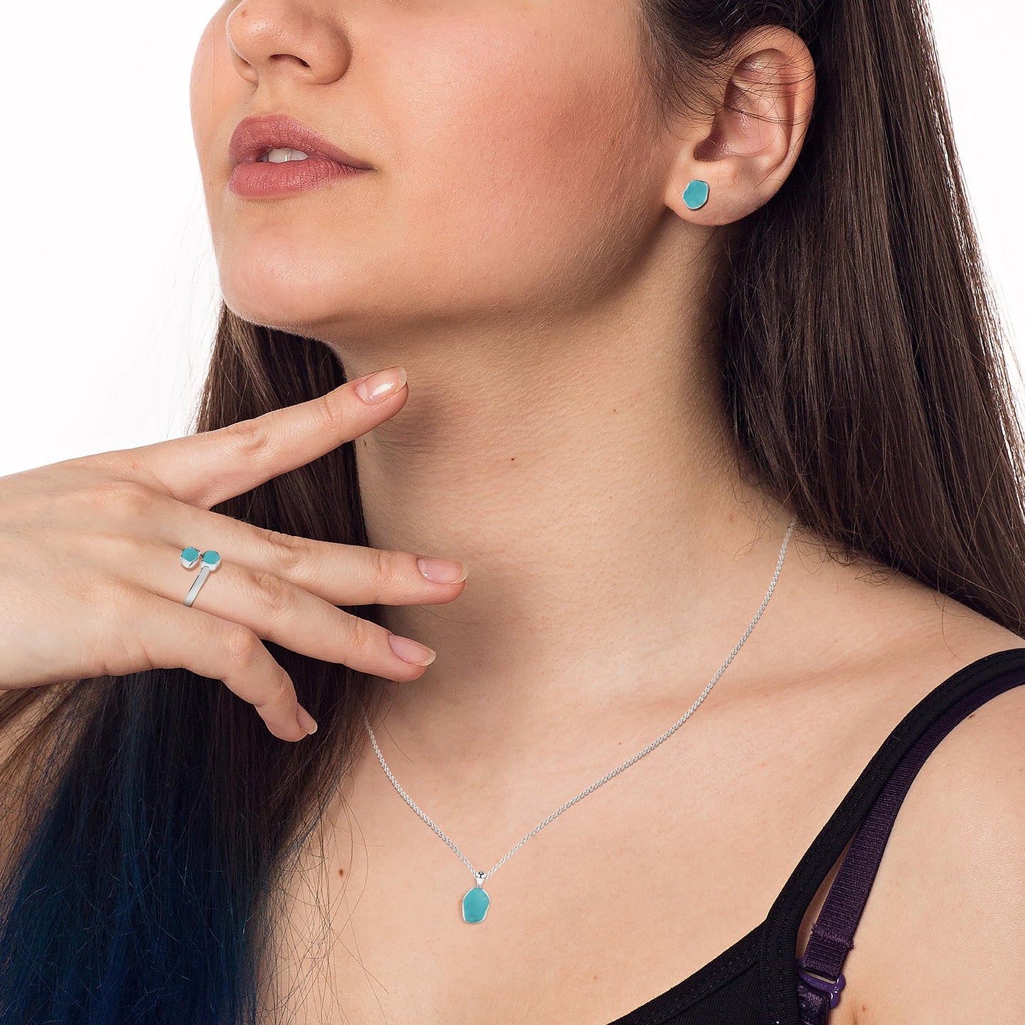LUSTRE AND LIGHT Natural Rough Turquoise Jewelry Set for Women in 925 Silver, December Birthstone Gifts for Her Birthday, Anniversary, Christmas (Necklace, Ring, Earring)(Adjustable Size - US-6/7/8)