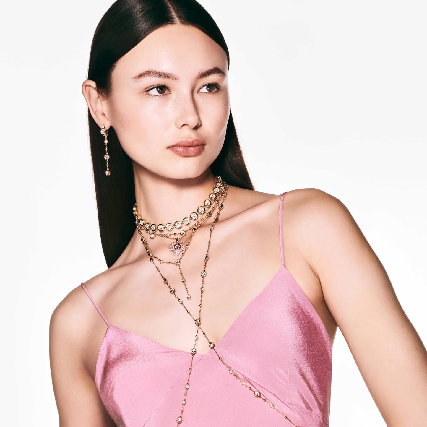 Swarovski Imber Necklace, Scattered Design with Clear Round-Cut Crystals and Shiny Metal Droplets in a Gold-Tone Finished Setting, Part of the Imber Collection