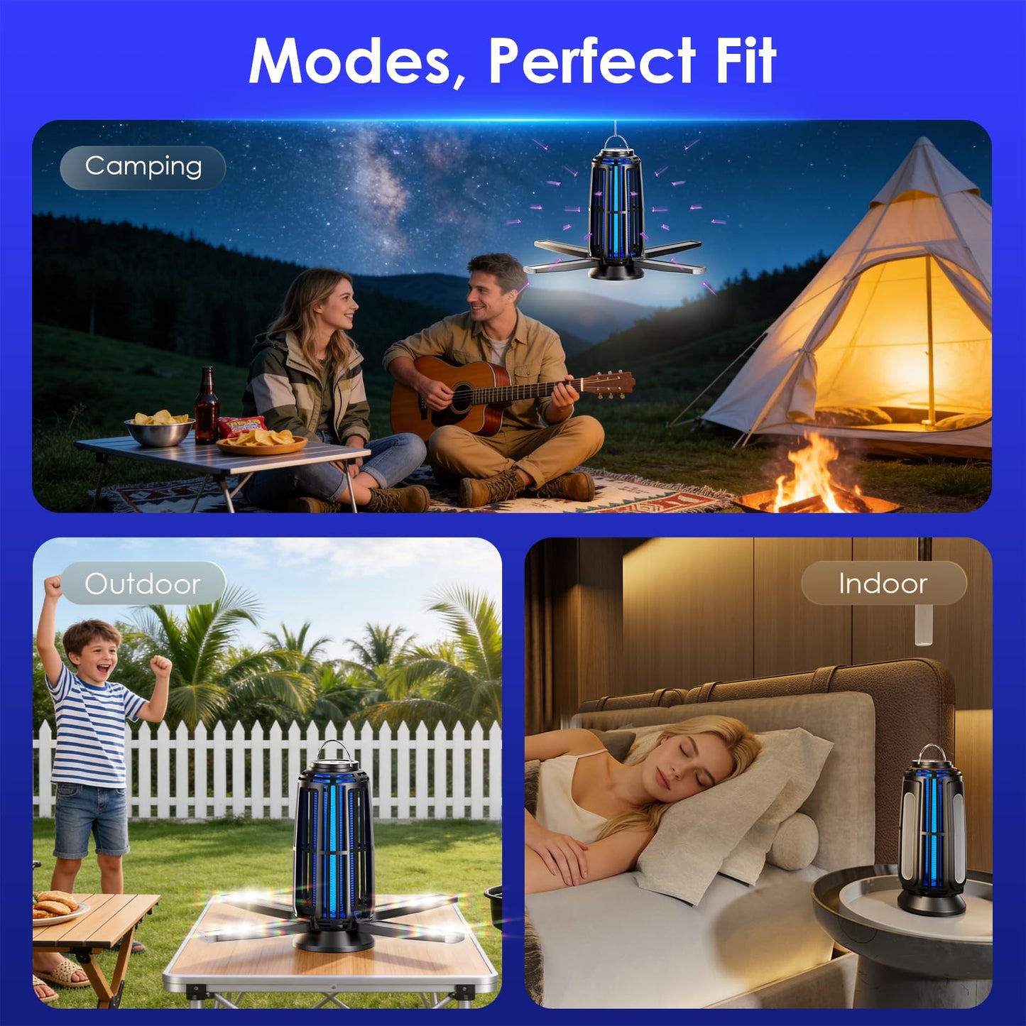 Solar Bug Zapper Indoor & Outdoor, Energy-Saving Mosquito Killer with USB-C Rechargeable & 4-Sided Solar Panels, Waterproof Portable Fly Zapper with LED Light for Patio, Garden, Camping, Backyard