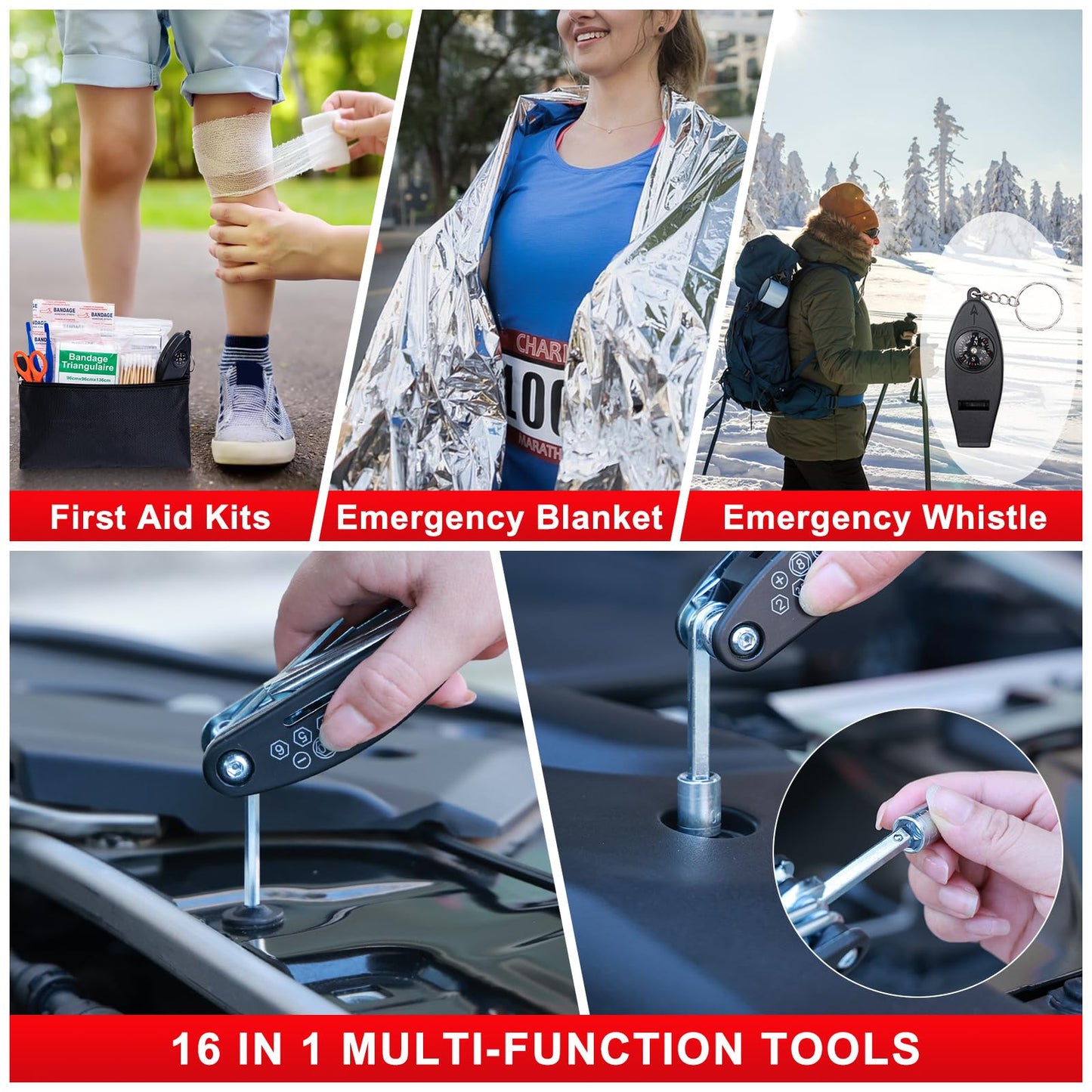 YJUSMAK Car Roadside Emergency Kit - Car Emergency Kit with Jumper Cables, Tow Rope, Folding Shovel, Safety Hammer, Reflective Warning Triangle, Car Safety Kits for Men, Women, Teenagers