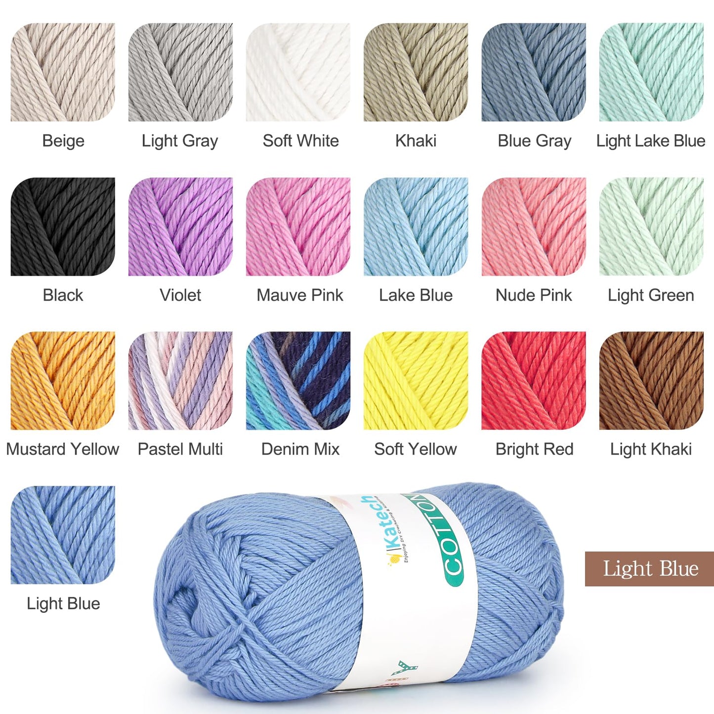 Katech Pure Cotton Yarn for Crocheting & Knitting–Soft Sport Weight CYC #2, 6 Skeins (50g Each, 300g Total), Ideal Crochet Yarn for Dishcloths, Baby Clothes, Socks, Lightweight Scarves(Light Blue)