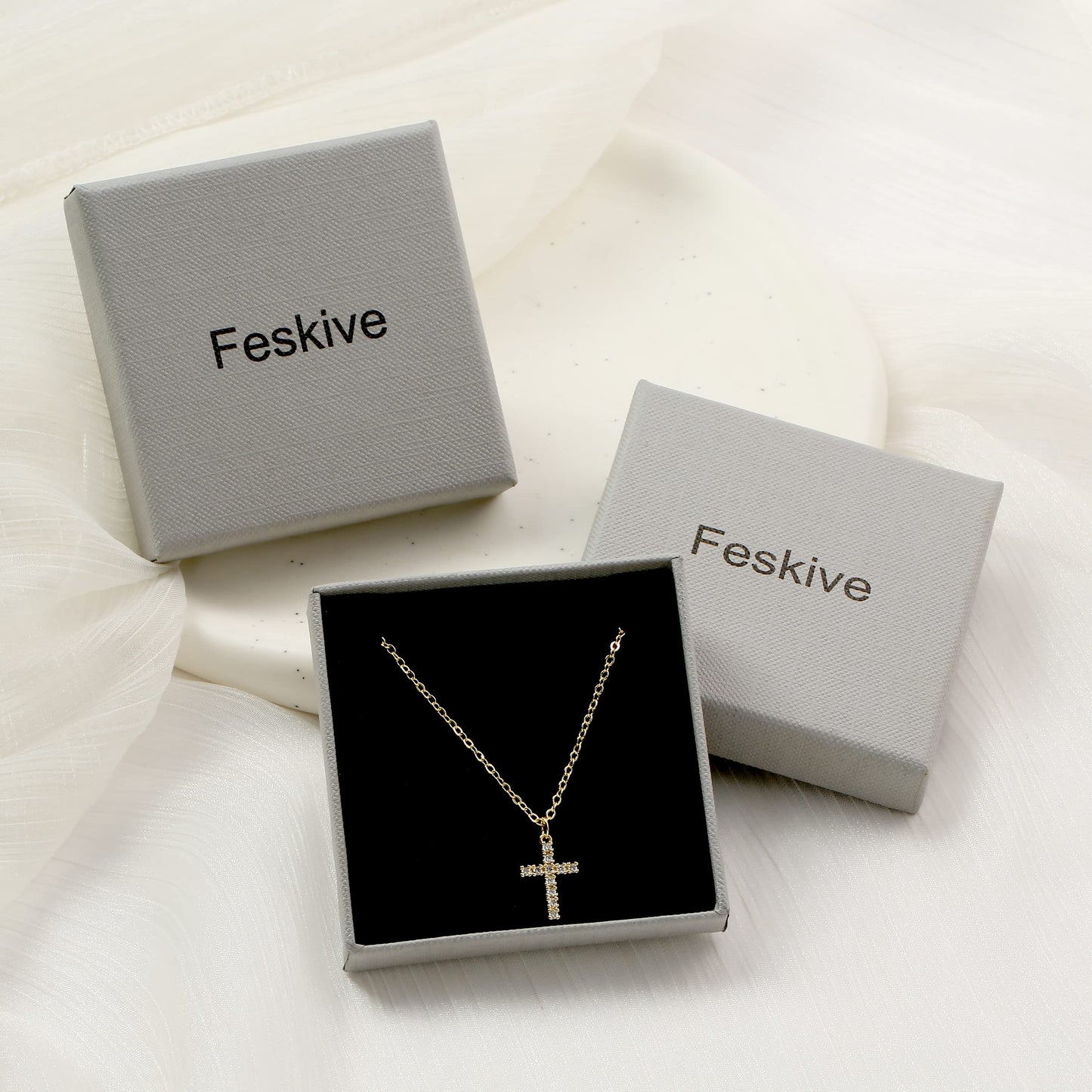 Feskive Layered Gold Necklaces for Women: 3pcs Dainty 14k Gold/Silver Plated Stackable Choker Necklaces - Trendy Cuba Cross Circle Pendant Necklaces Set - Women's Jewelry Gifts