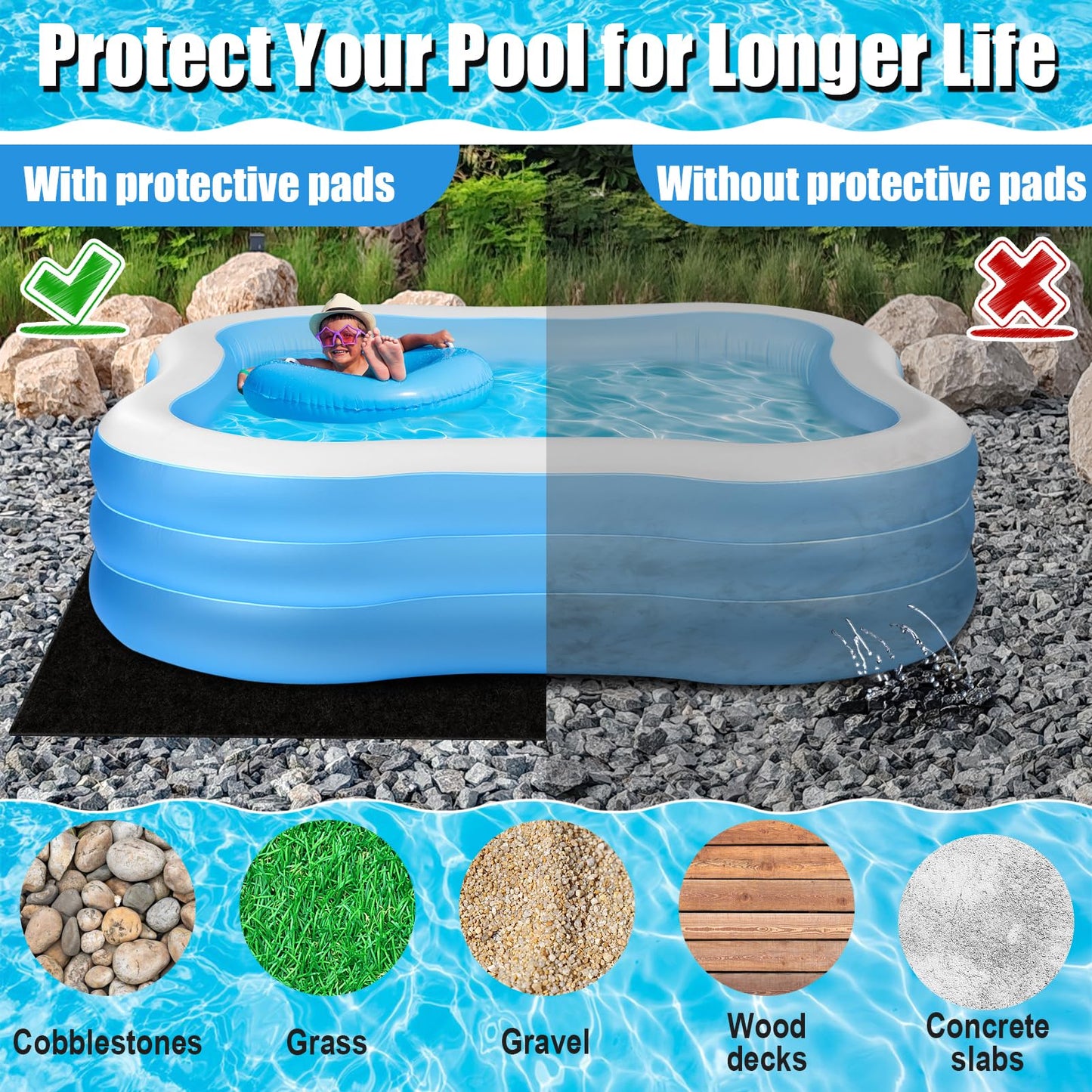 VICAMB 9.7 x 6.7ft Rectangular Pool Liner Pad for Above Ground Swimming Pools,220g/㎡ Heavy Duty Pool Ground Mat Under Pool Pad,Pools Bottom Liner Protector to Prevent Puncture and Extend Liner Life