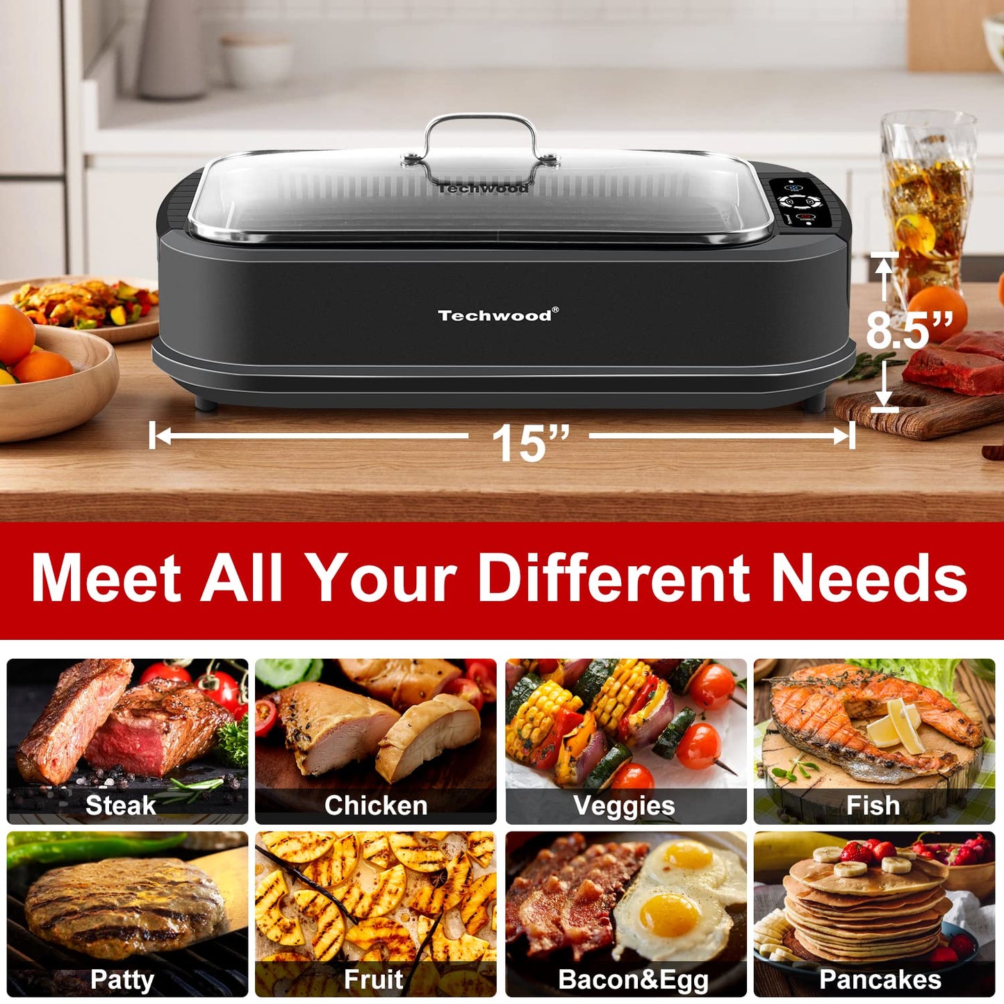 Techwood Indoor Grill Smokeless Grill, Electric Korean BBQ Grill with Glass Lid, Turbo Smoke Extractor Technology, Dishwasher-Safe Drip Tray & Nonstick Grilling Removable Plate, Black, 1500W