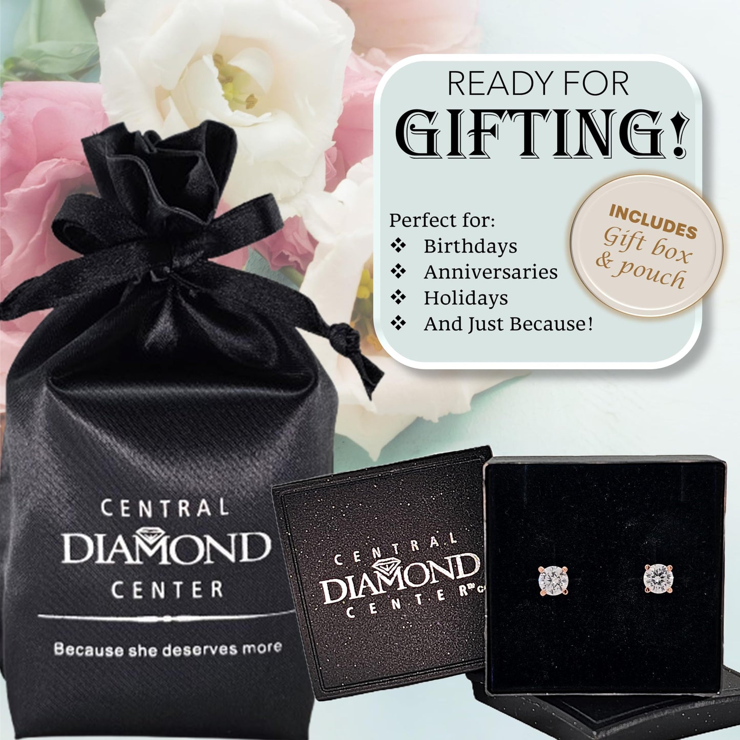 Central Diamond Center 14K Solid Gold Post & Sterling Silver Made with Swarovski 4 Prong CZ Stud Earrings - Rose Gold Plated - 5.25mm - 1.00cttw