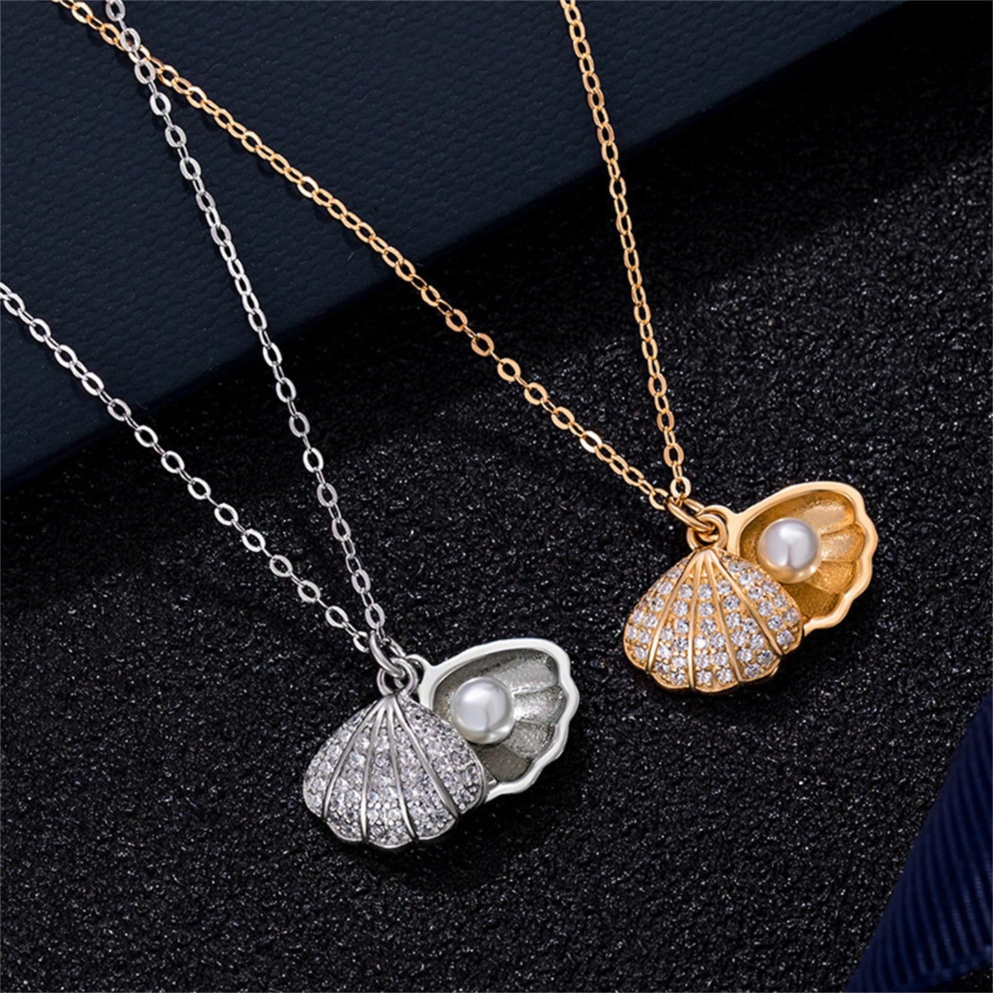 Seashell Pearl Pendant Necklace for Women Gold Silver Plated Bohemian Clamshell Scallop Sea Shell Ocean Animal Chic Rhinestone Cubic Zirconia Chain Necklace for Summer Beach Holiday Jewelry Gifts (Gold)