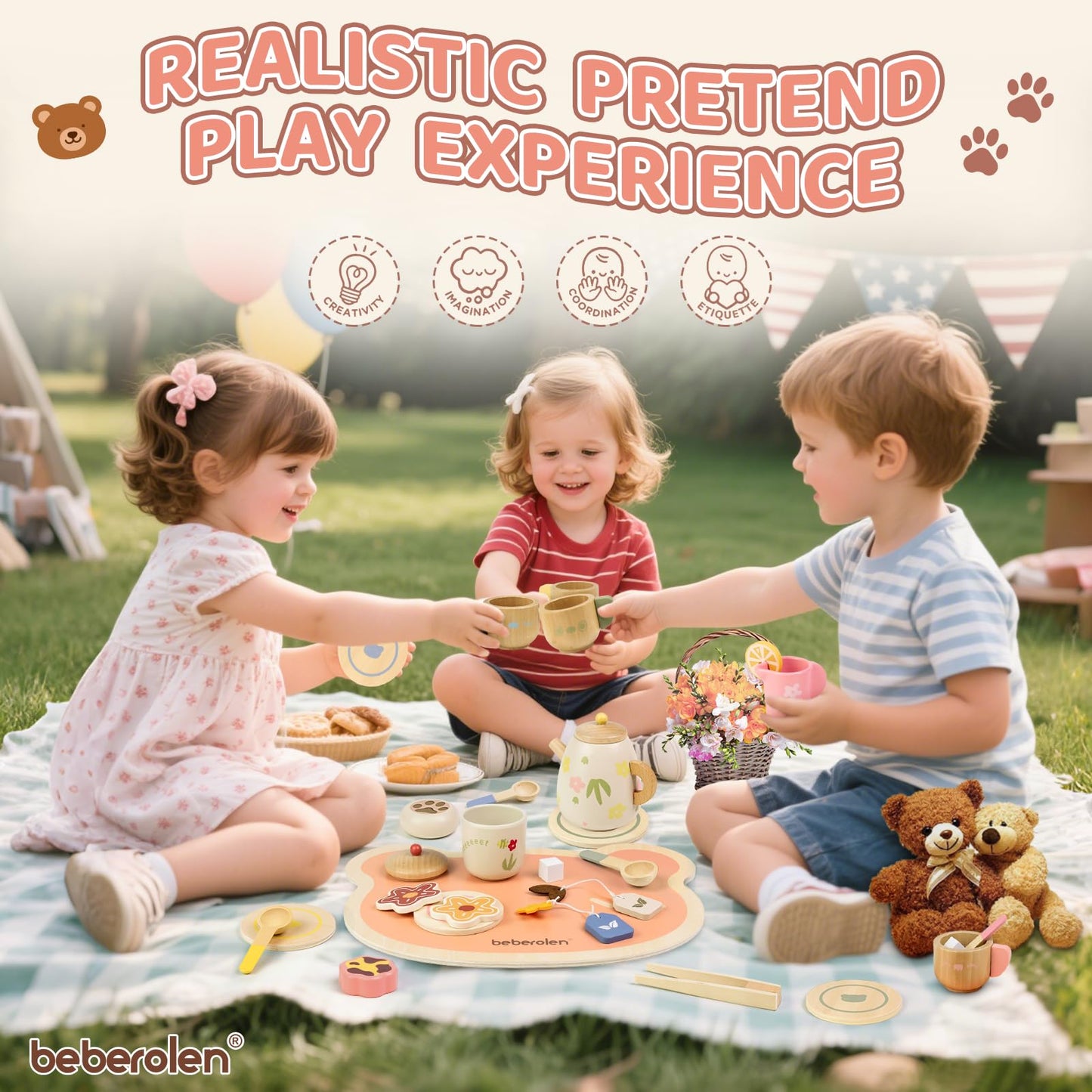 Beberolen Tea Party Set for Toddlers 3-5 Girls Boy Birthday Gift Pretend Play Food Wooden Picnic Outdoor Toys Kids Age 2 3 4 5 6 Educational Wood Toy