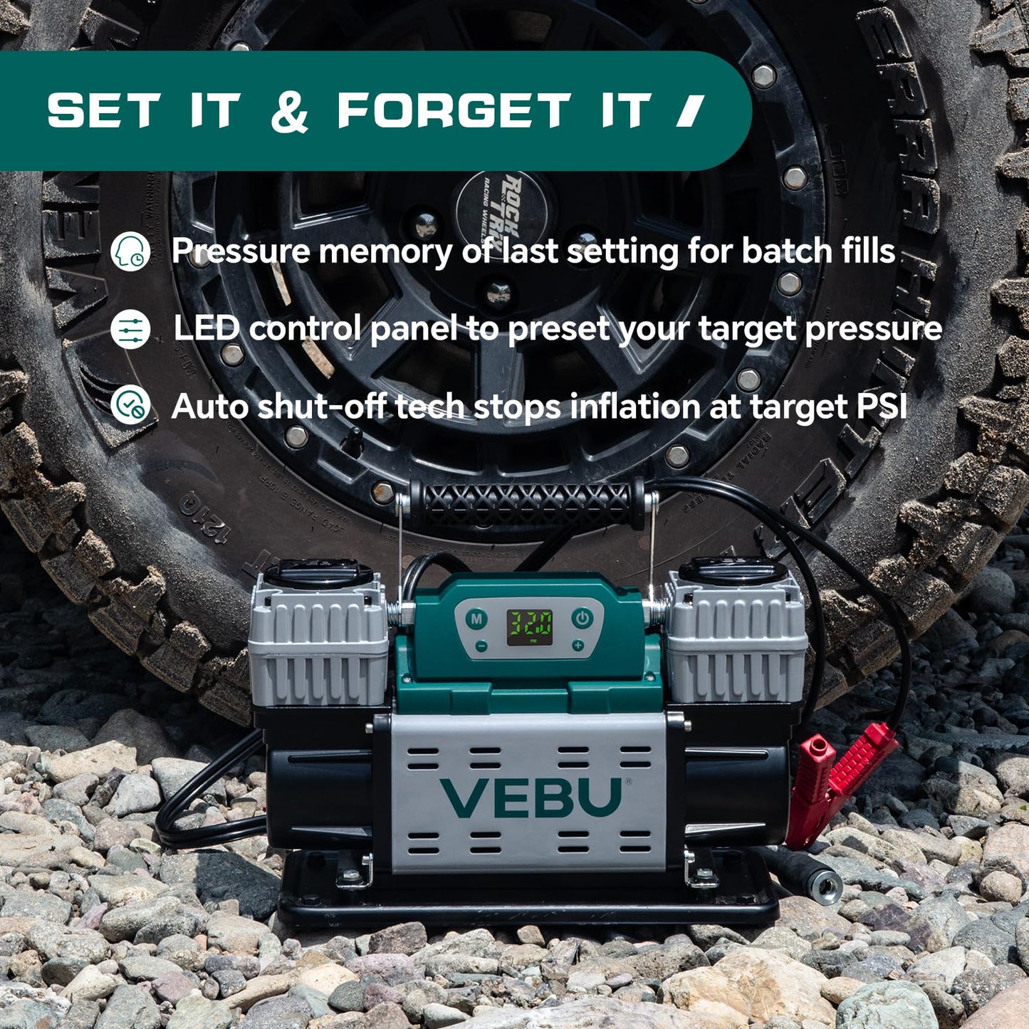 VEBU Off-road Air Compressor 12V Tire Inflator, 150PSI with Auto Shut Off, Digital Display & Preset, 10.6CFM Fast Inflation for Off-road Vehicles, Trucks, SUVs, RVs, ATVs