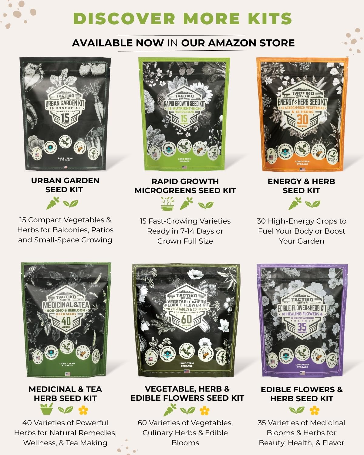 50 Tactiko Survival Vegetable, Herb & Fruit Seed Kit - U.S.A. Harvested Varieties - 37,000+ Non-GMO Heirloom Seeds - Emergency Seed Vault in Waterproof Mylar Bag - Long-Term Storage