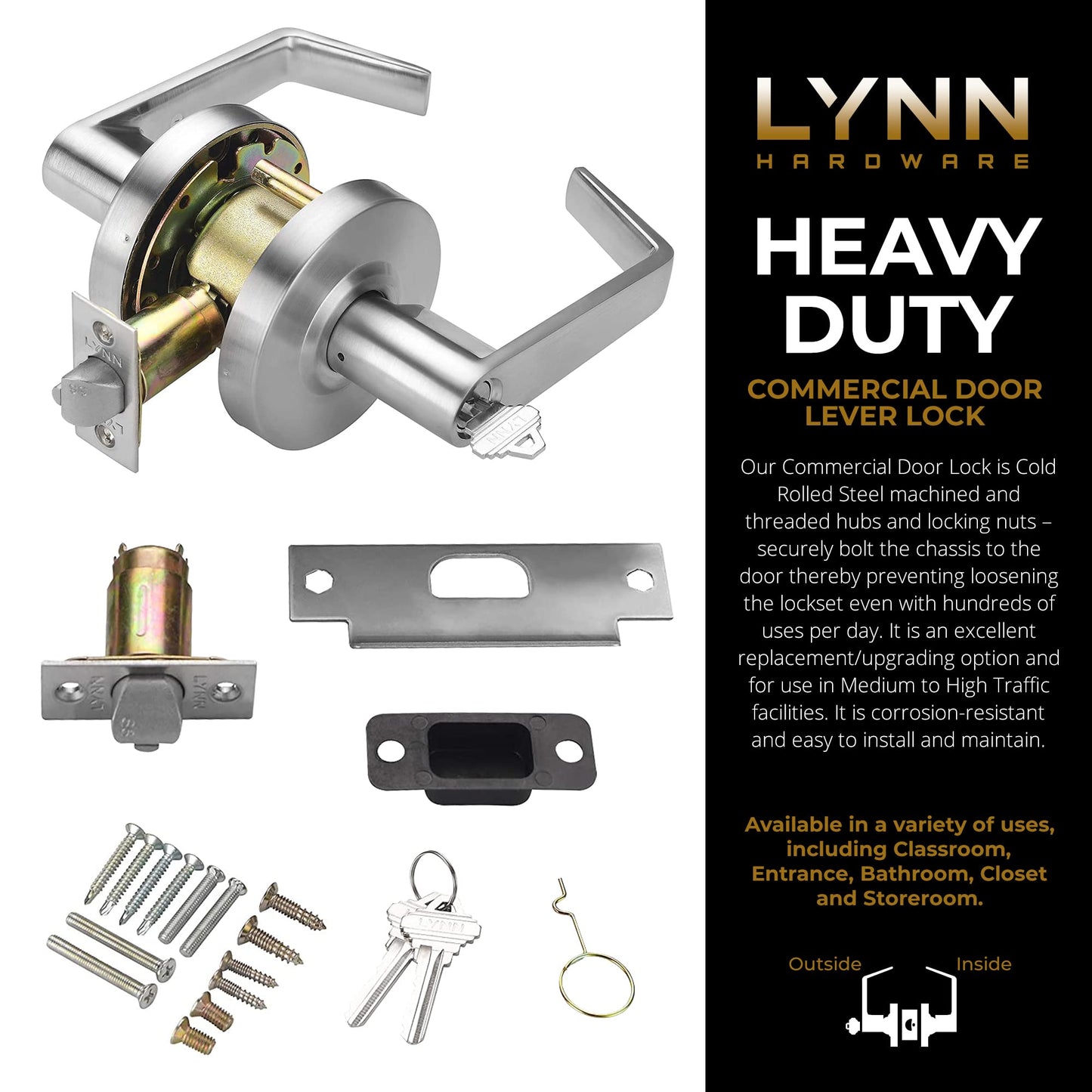 LYNN HARDWARE - Classroom - Commercial Door Lock - Heavy-Duty Designer Handles for Doors - Durable Grade 2 Indoor Locks for Doors - Cylindrical Door Handle Lock - ADA Compliant - Satin Chrome