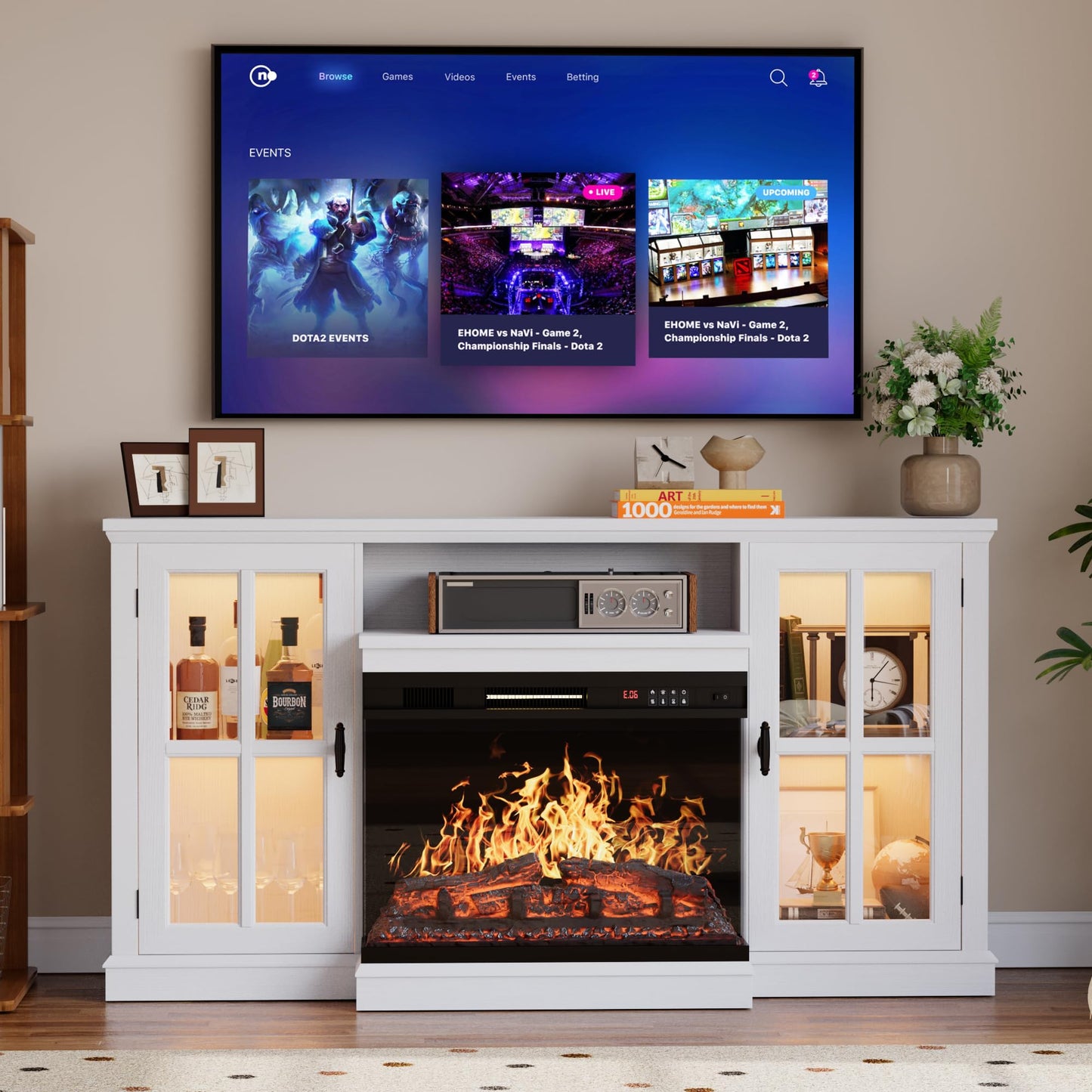 YESHOMY Glass Fireplace TV Stand for Televisions up to 65", Media Entertainment Center Console Table with Led Lights, White Wash