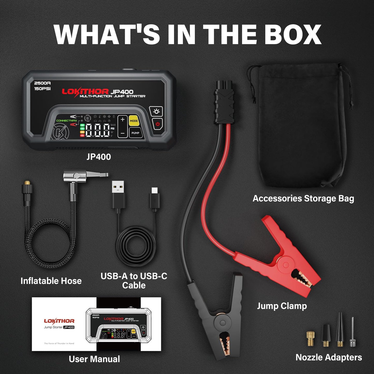 LOKITHOR JP400 Jump Starter with Air Compressor, 2500A 12V Car Battery Jumper Starter Portable (8.5L Gas/6.5L Diesel) Jump Box for Car Battery with ConnectMax, 150PSI Tire Inflator, Jumper Cables