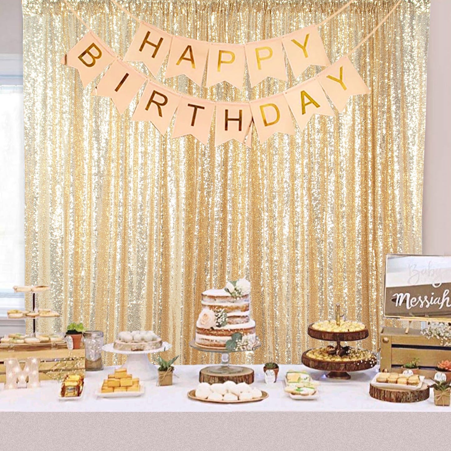 ShinyBeauty Champagne Gold Sequin Backdrop 10x10 - Sparkly Photography Background for Weddings, Birthdays, Photo Booths, Events | Shimmer Curtain for Stunning Visuals & Party Decor (Champagne Gold)