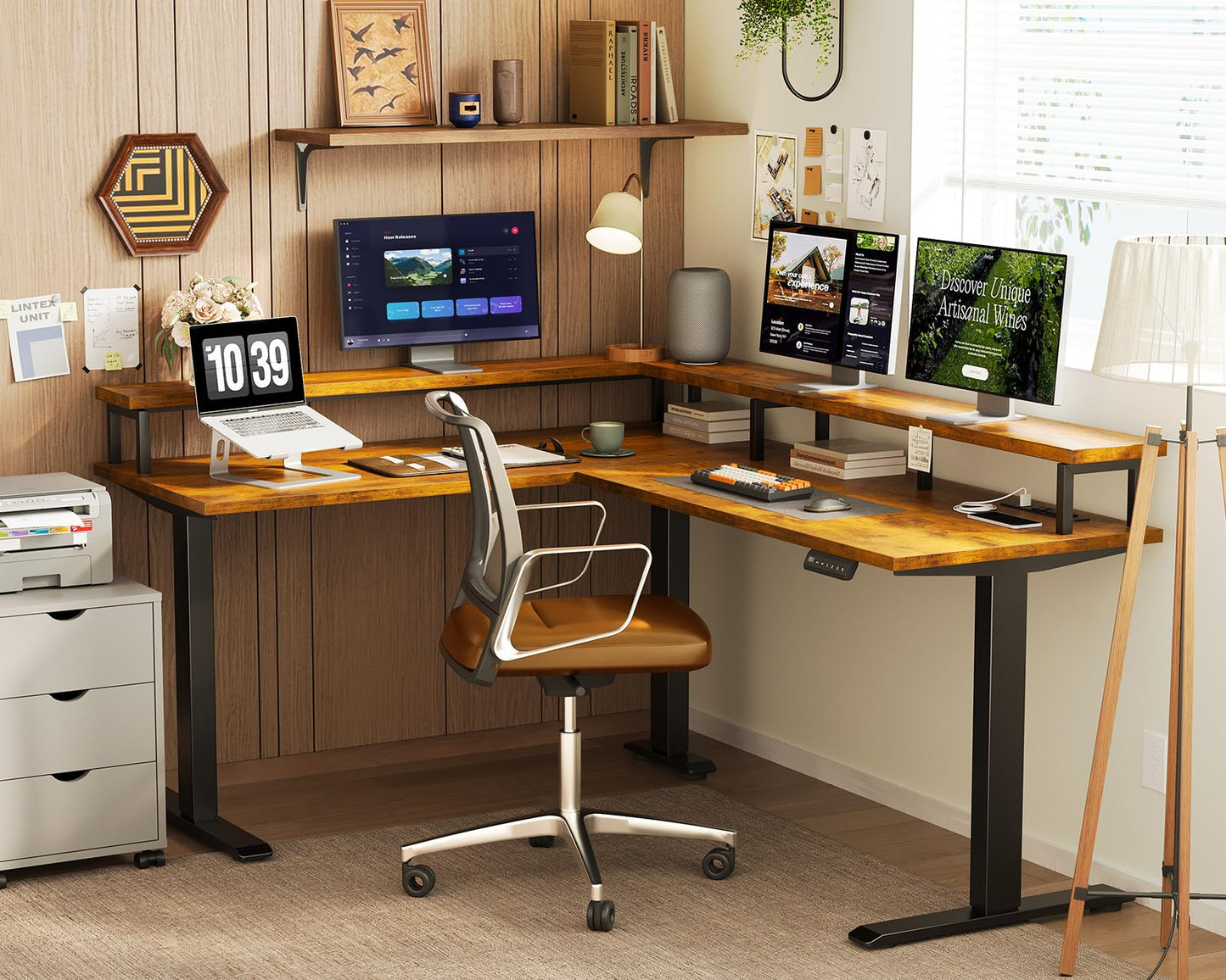 AODK Electric L Shaped Standing Desk, 59 Inch Height Adjustable Stand Up Desk with Power Outlets & Full Monitor Stand, Reversible Corner Desk for Home Office & Computer Workstation, Rustic Brown