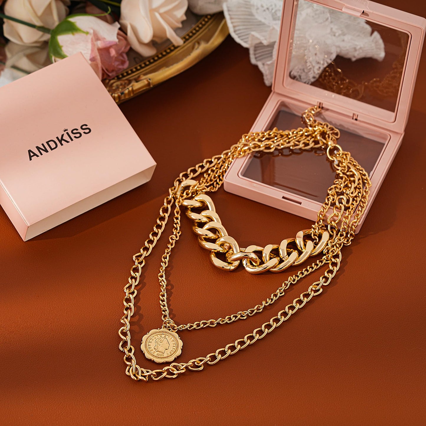 ANDKISS Gold Necklace Stack for Women-Gold Layered Necklace Trendy Retro Coin Pendant Necklaces Dainty Chunky Chain Choker Necklaces