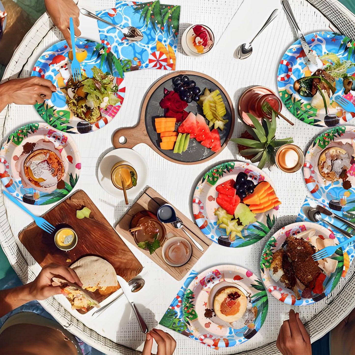96 Pieces Christmas July Disposable Tableware Set - Tropical Beach Santa Party Supplies with Paper Plates, Napkins, Forks for Holiday Celebrations, Hawaiian Summer Christmas, and Pool Party Decor