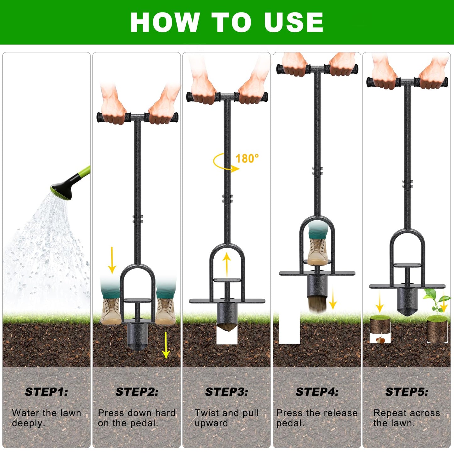 Lifeswell Heavy Duty Long Handled Bulb Planter Tool with Soft Rubber Grip, Garden Sod Plugger for Digging Holes, Turf Repair, Seedling Transplanting