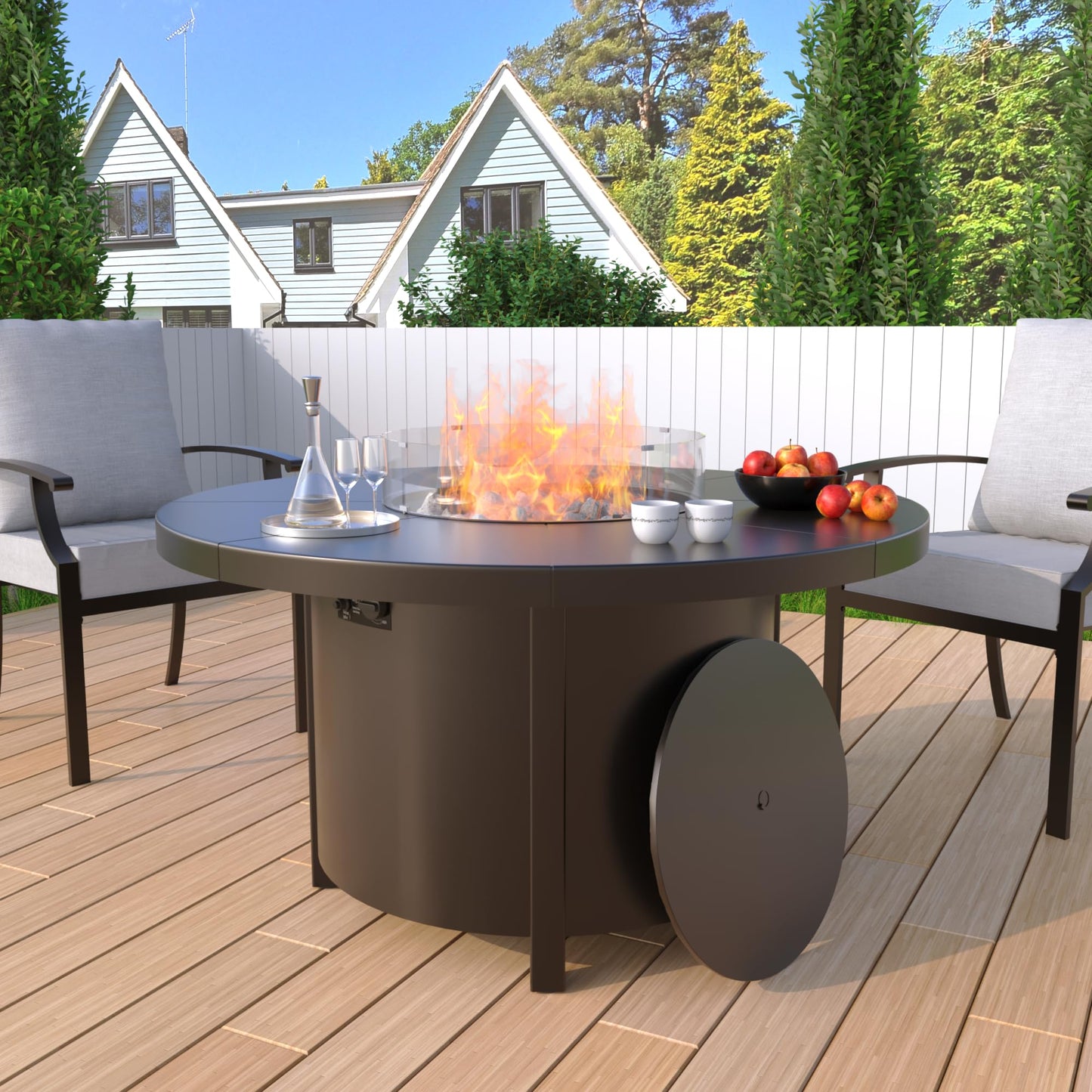 RTDTD 48" Round Propane Fire Pit Table,55000 BTU Round Firepit,Outdoor Fire Pit with Fire Glass,Lid,Waterproof Cover and Blue Glass Stone for Backyard,Garden,Patio
