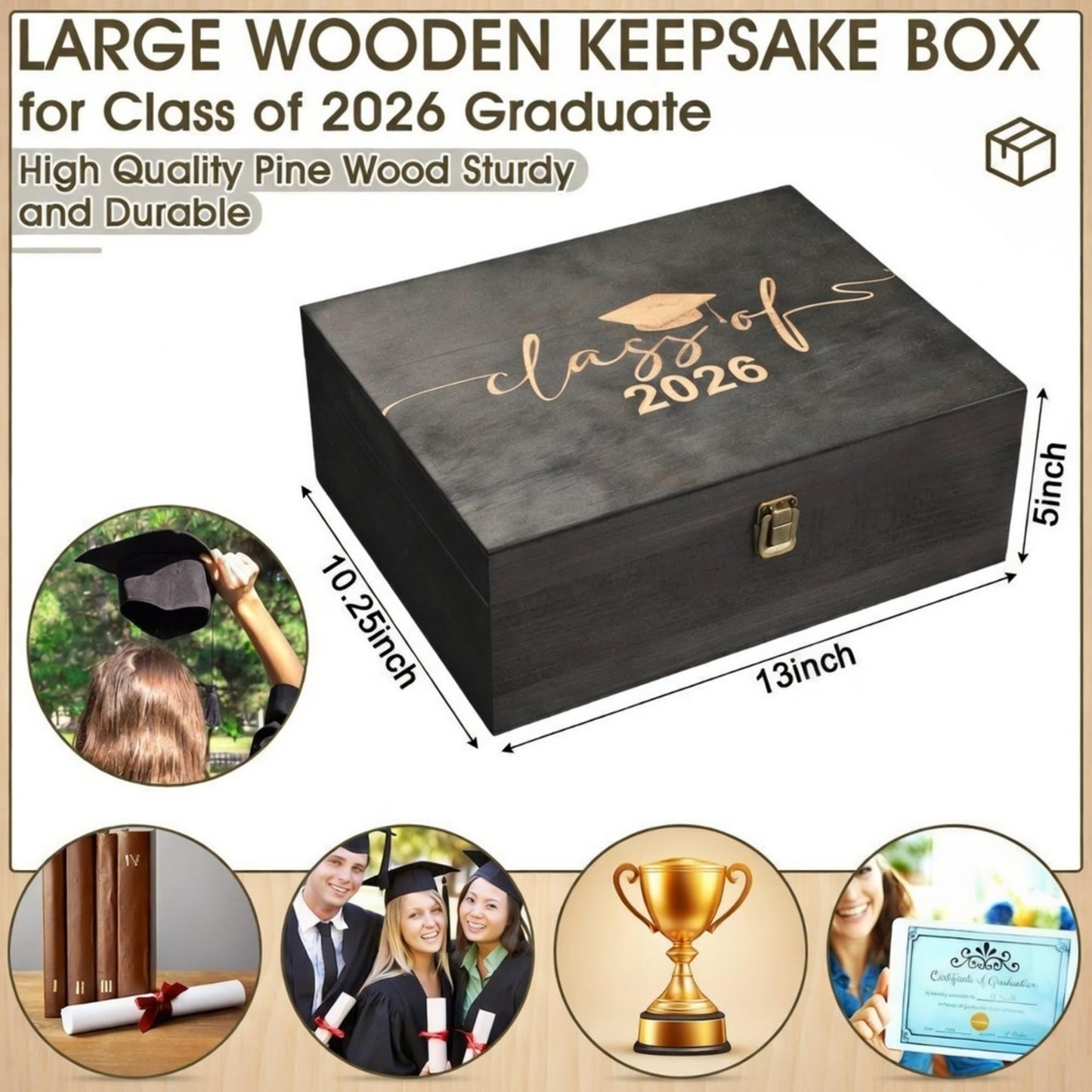 Geelin Graduation Keepsake Wooden Box Class of 2026 Graduation Cap Large Keepsake Box Graduate Wooden Engraving Memento Case for High School College Memory Gifts 13 x 10.5X 5inch(Black)