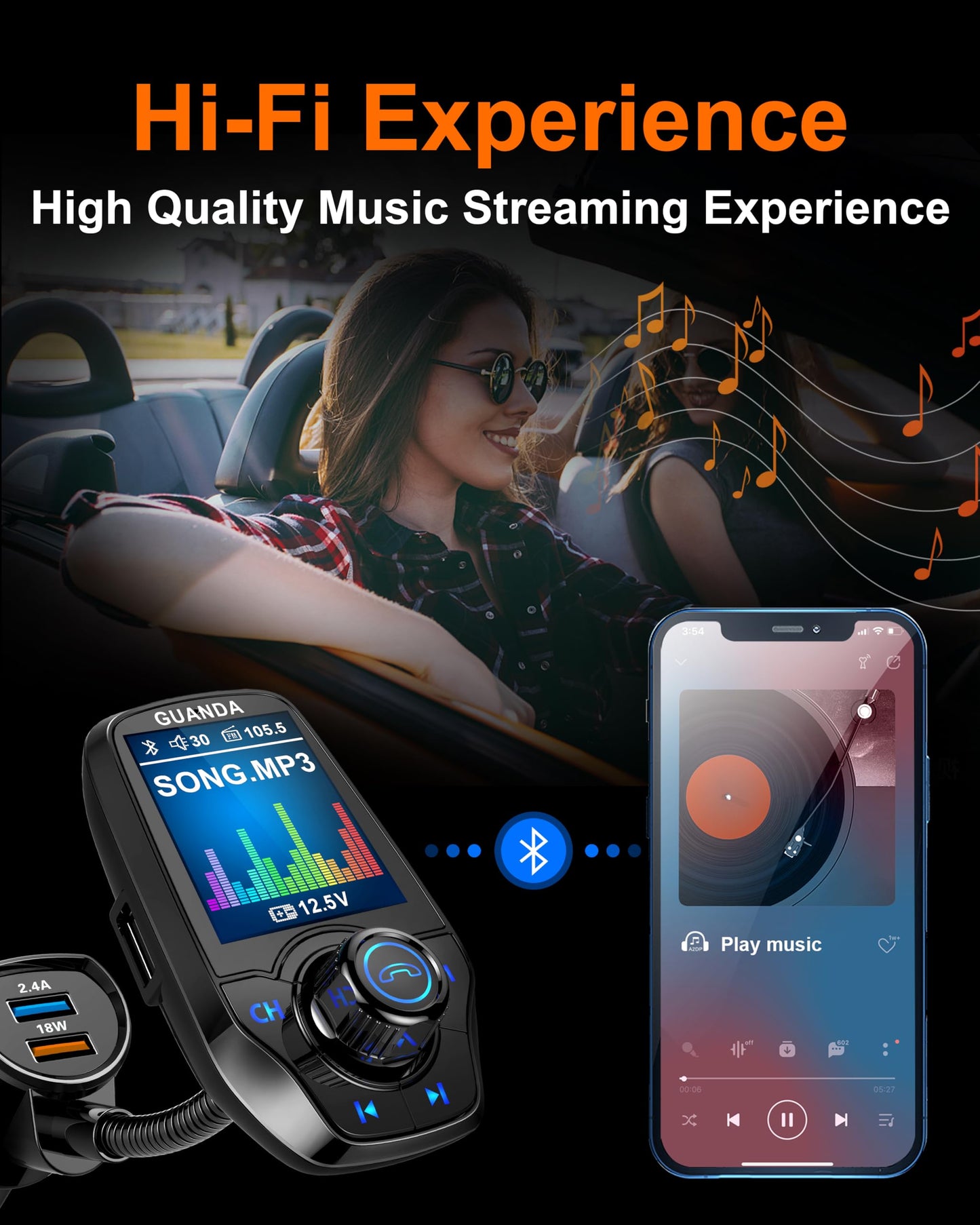 Upgraded Bluetooth FM Transmitter for Car, Wireless Radio Adapter Kit W 1.8" Color Display Hands-Free Call AUX in/Out SD/TF Card USB Fast Charge 18W for All Smartphones Audio Players - Black