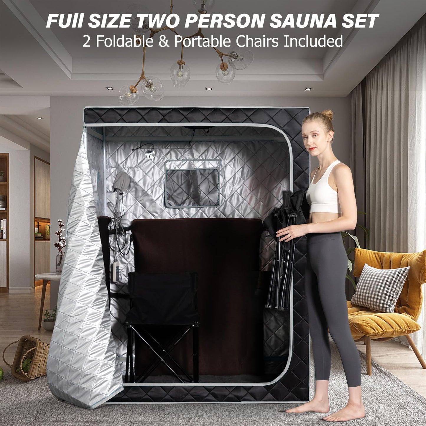 Smartmak Portable Far Infrared Sauna, Home Two Person Sauna Box with 660nm Red Light Therapy Lamp, X-Large Full Size Indoor SPA Tent for Body Recovery, Remote Control, 2 Folding Chairs, Greyborder