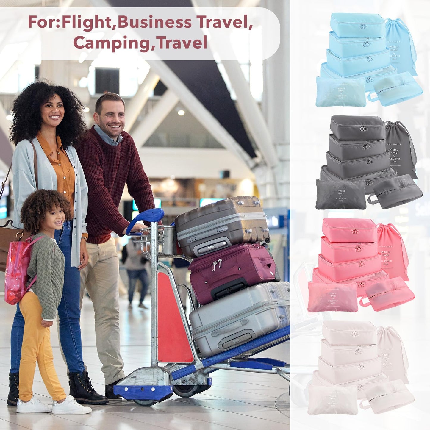 PercyEffie 28 Set Packing Cubes for Travel Luggage Organizer Bags Foldable Travel Organizers with Mesh Shoe Bags Toiletry for Suitcases Family Trips Camping (Beige Gray Pink Light Blue)