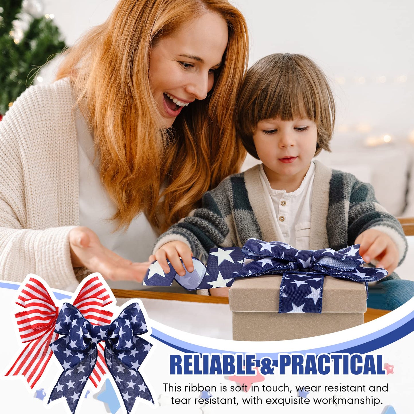 Hoteam 250th Anniversary 2 Rolls 20 Yard Red White and Blue Ribbon Patriotic Star and Striped Wired Royal USA Ribbon DIY Crafts for Xmas Holiday Decor(2 Inch,Red, Beige, White, Blue)