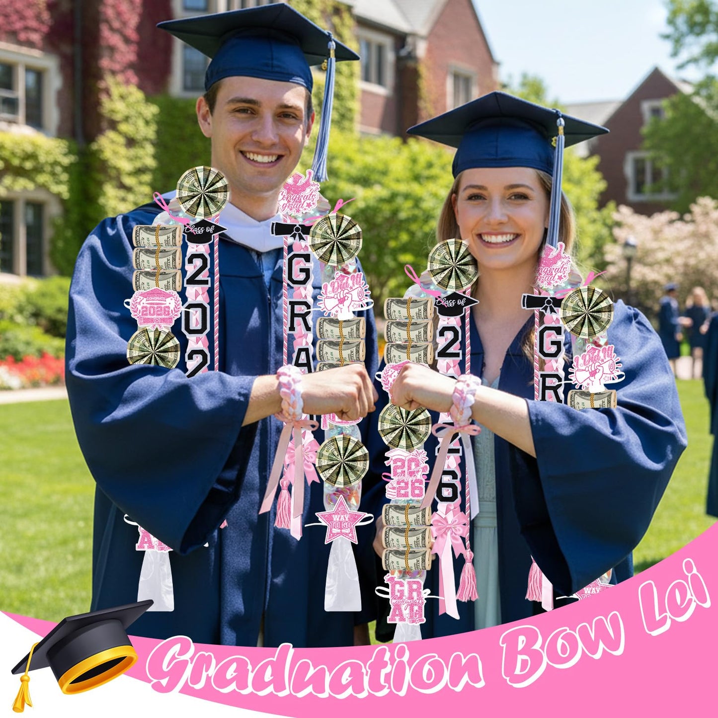Hamdwerk Candy Leis for Graduation 2026, 36Pcs Graduation Leis Class of 2026, Graduate Ribbon Lei Making Kits with Honor Cord Patches Cards, Pink White Double Lei Necklace Decorations Graduation Gift
